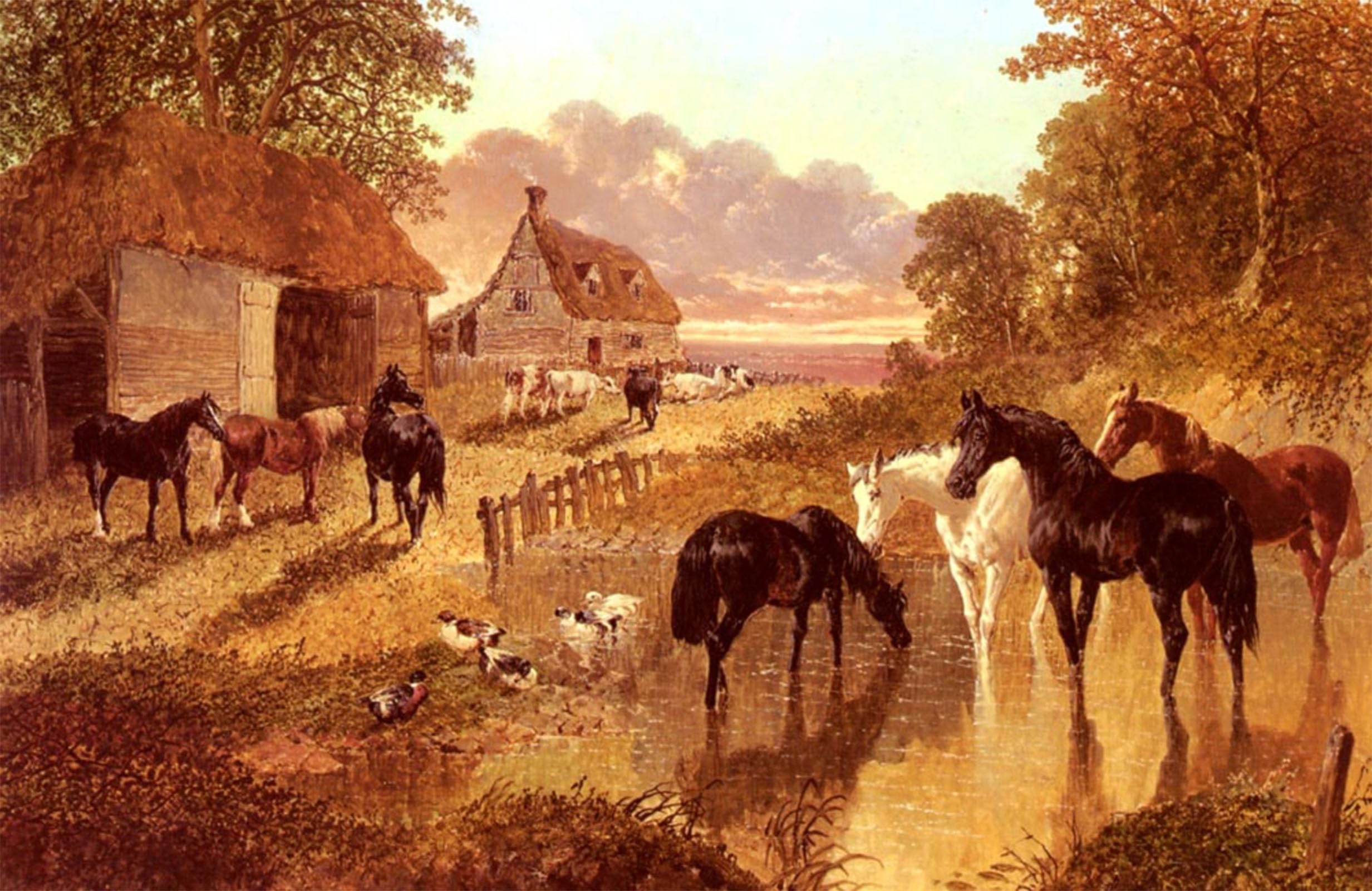 ARTXLXXBN Famous Art Print Poster Vintage Wall Art the Evening Hour Horses and Cattle by a Stream At Sunset by John Frederick Herring Snr Canvas Art Poster for Home Decor 60x90cm