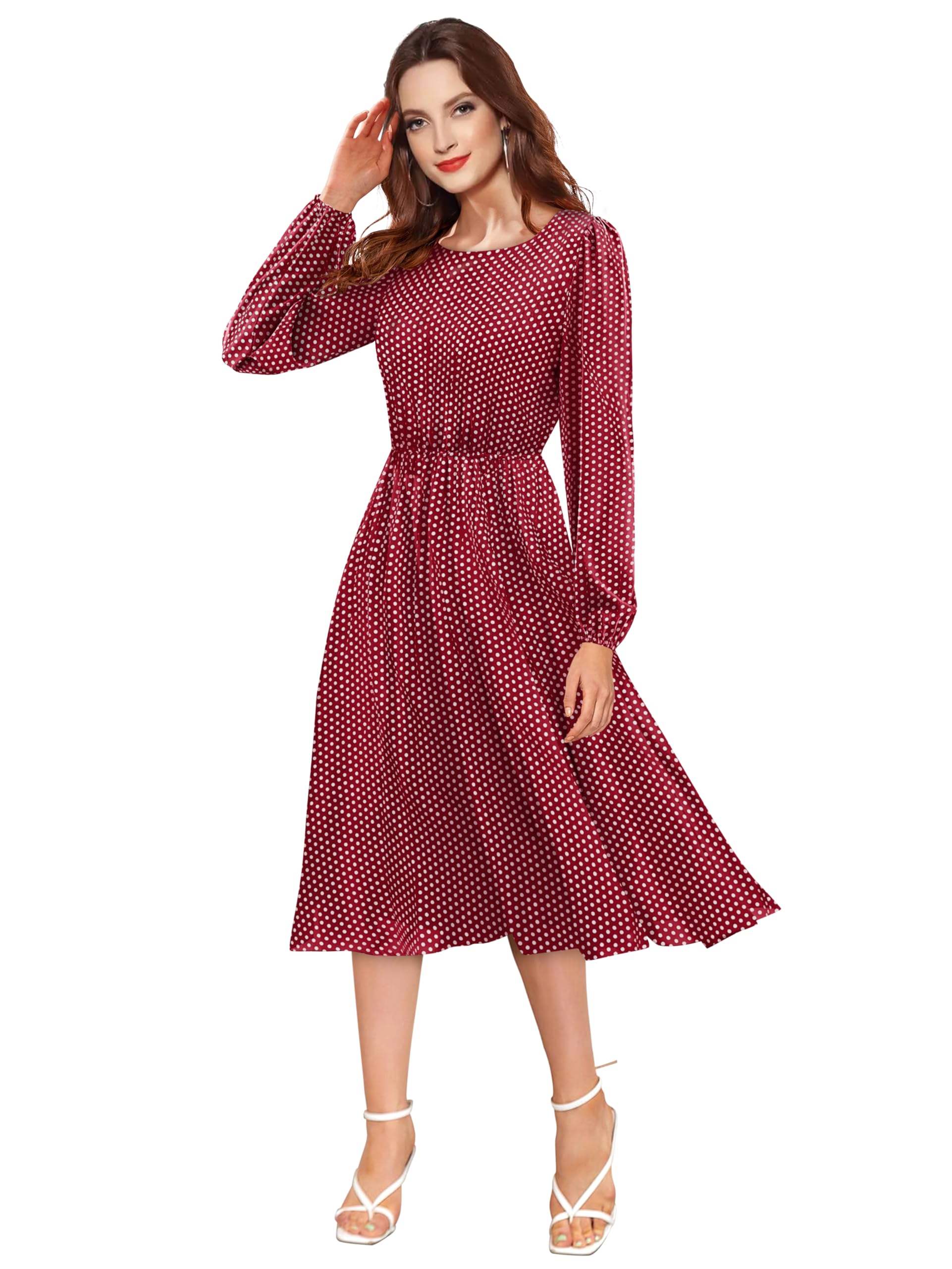 Toochki Women's Maroon Muslin Polka Dot Fit & Flared Western Dress | Dress For Women | A Line Dress | Winter Dress | Western Dress | Latest Women Dress | Trendy Dress | Midi Dress