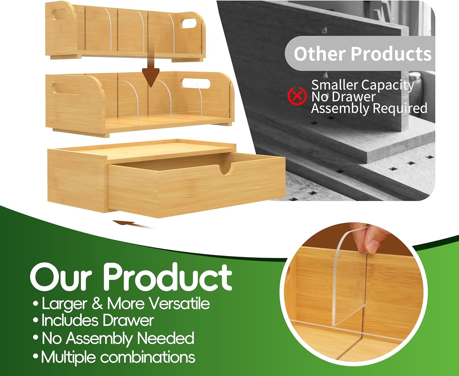 Bamboo Tea Organizer – Stackable Collection (2Tier w/Drawer)