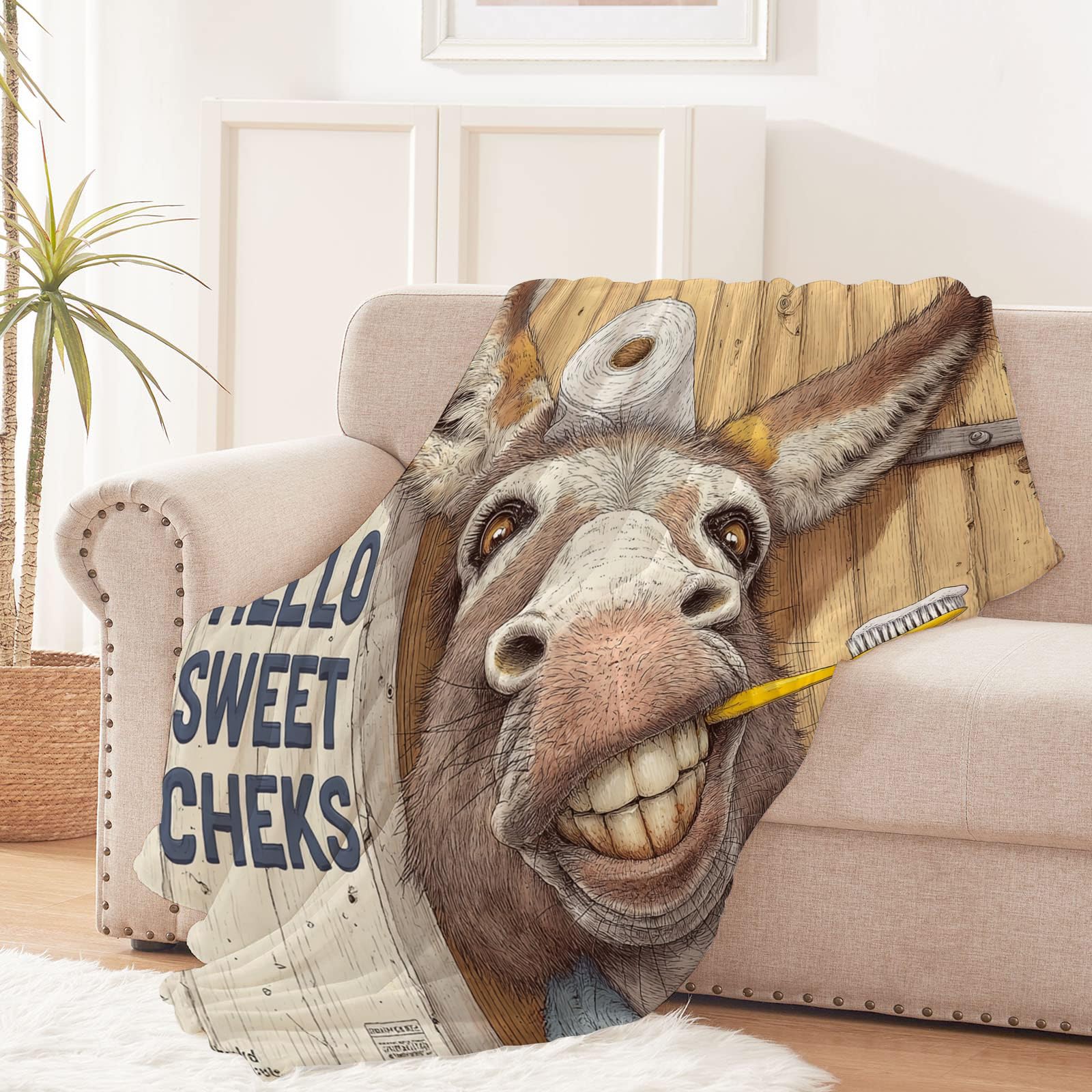 Generico Morbida Coperta in Peluche Asino Che Tiene Uno Spazzolino Da Denti - Plaid per Divano/Letto 270x230 cm Stile Cartone Animato Umoristico Flanella Microfibra Ultra Caldo,Lavabile,Regalo