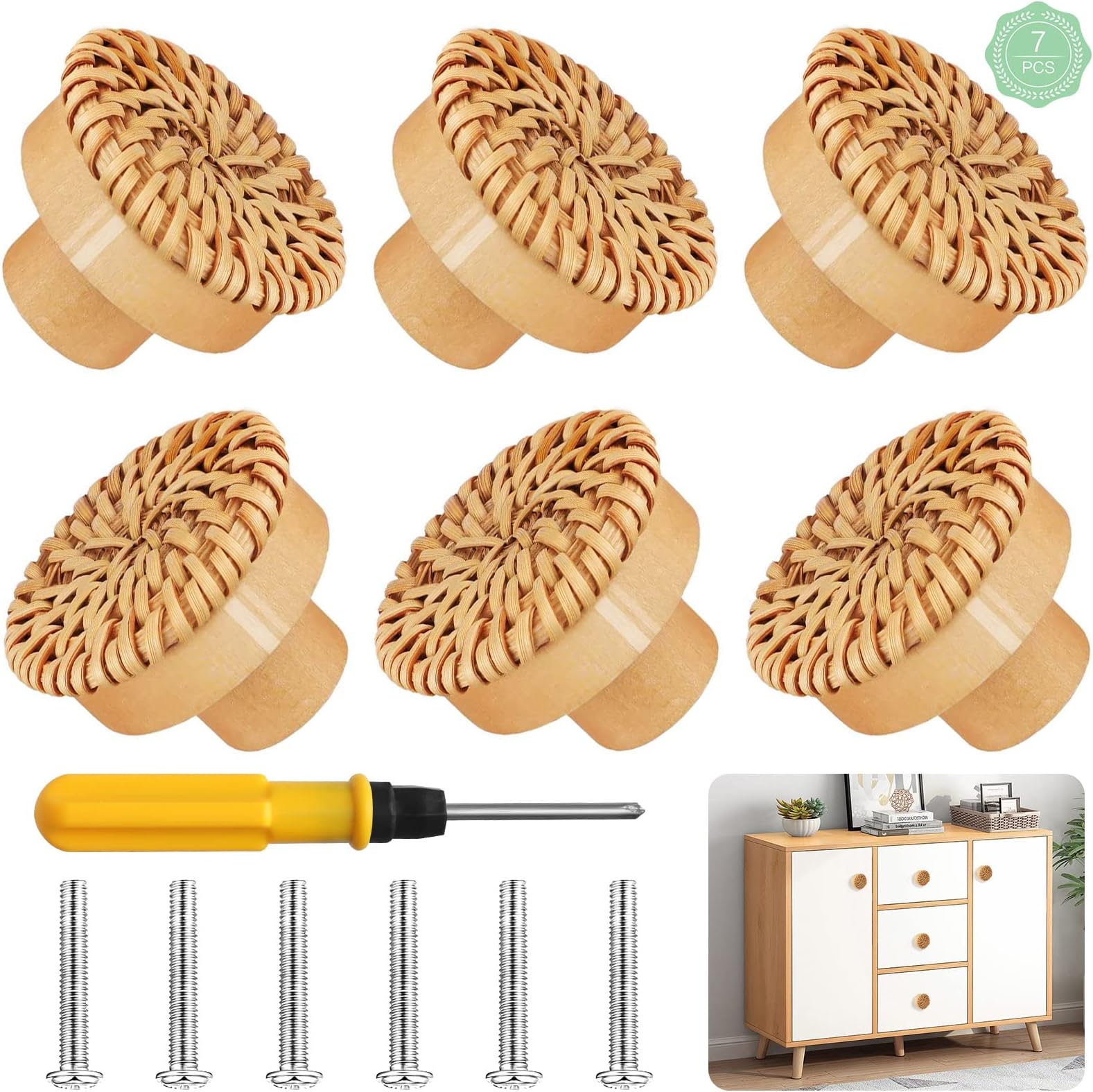 Houdao 8 PCS Wooden Drawer Knobs Boho Rattan Dresser Knobs Round Wooden