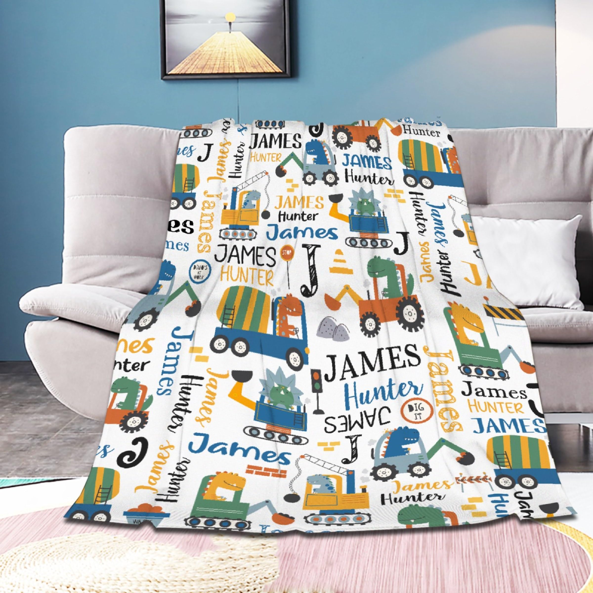 Personalized Dinosaurs Construction Trucks Blanket Gift for Boy Girl