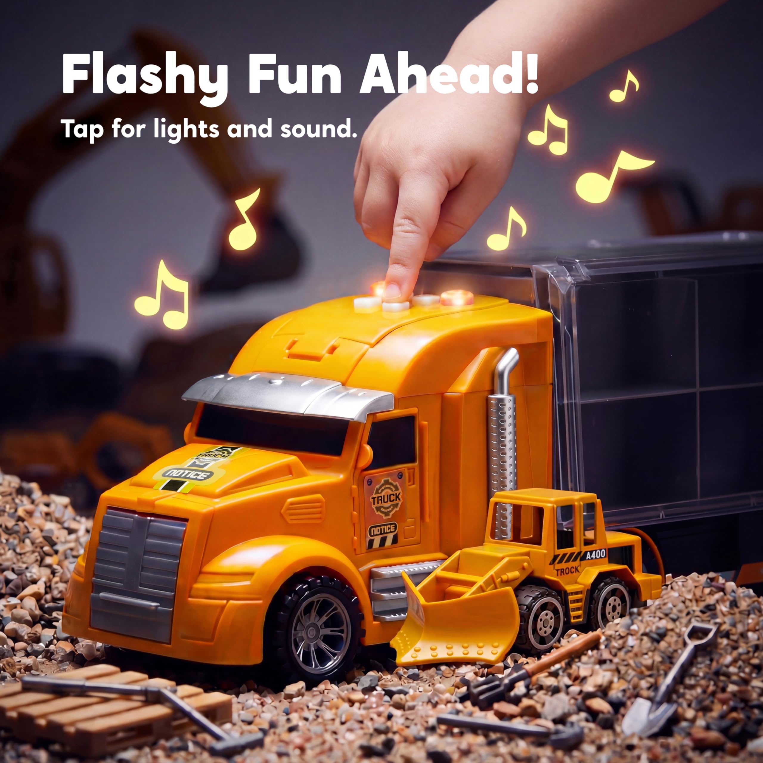 JOYIN 25 en 1 Juego de Juguetes camión de construcción fundidos a presión (Incluye Tractor Excavadora transportadora) con Sonidos y Luces, Regalos de cumpleaños para niños a Partir de 3 años