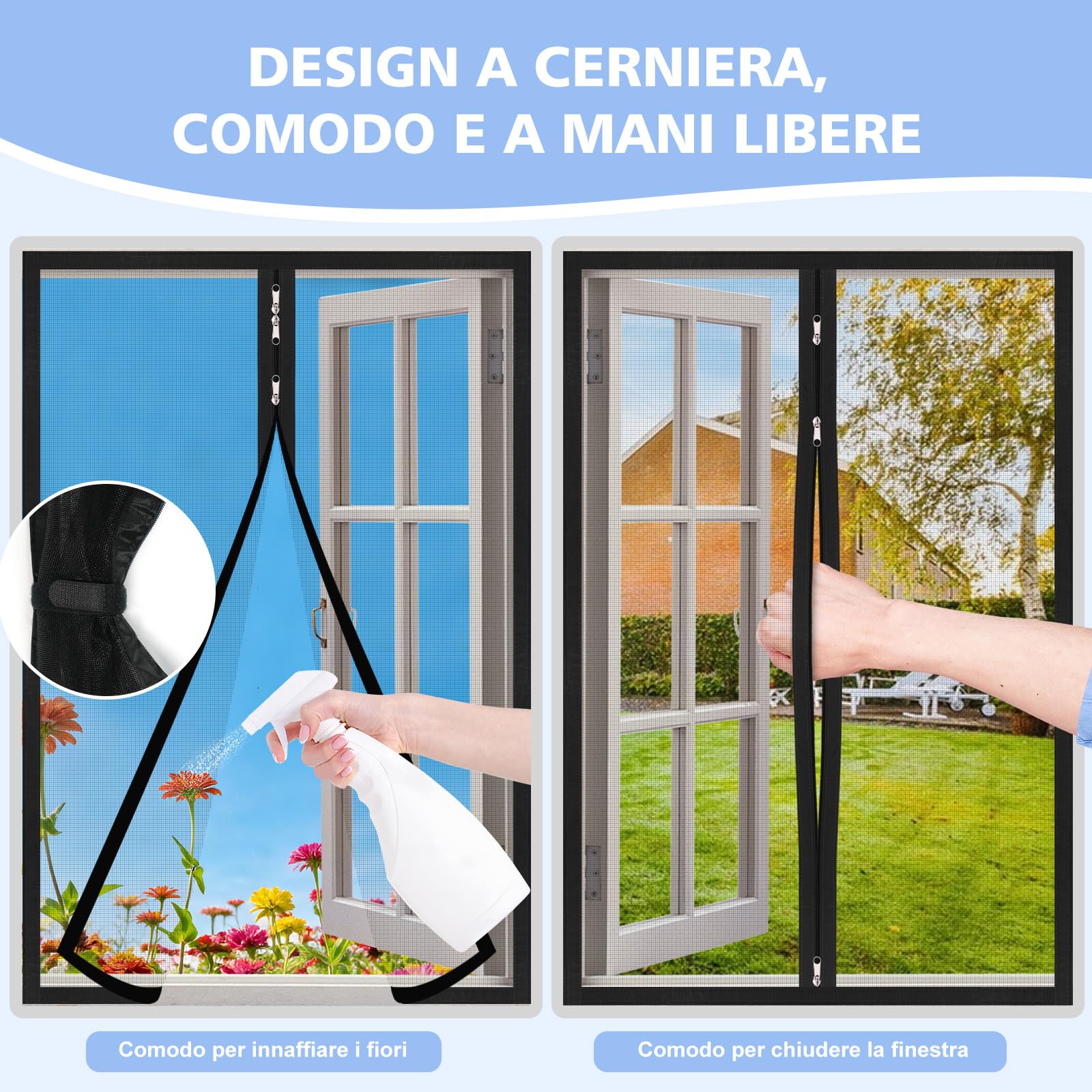 Zanzariere per Finestre con Cerniera Bidirezionale e Nastro Adesivo Trasparente| 70x125 cm | Maglia in PP Antizanzare Traspirante, Riusabili, Lavabili| Installazione Senza Strumenti| Nero