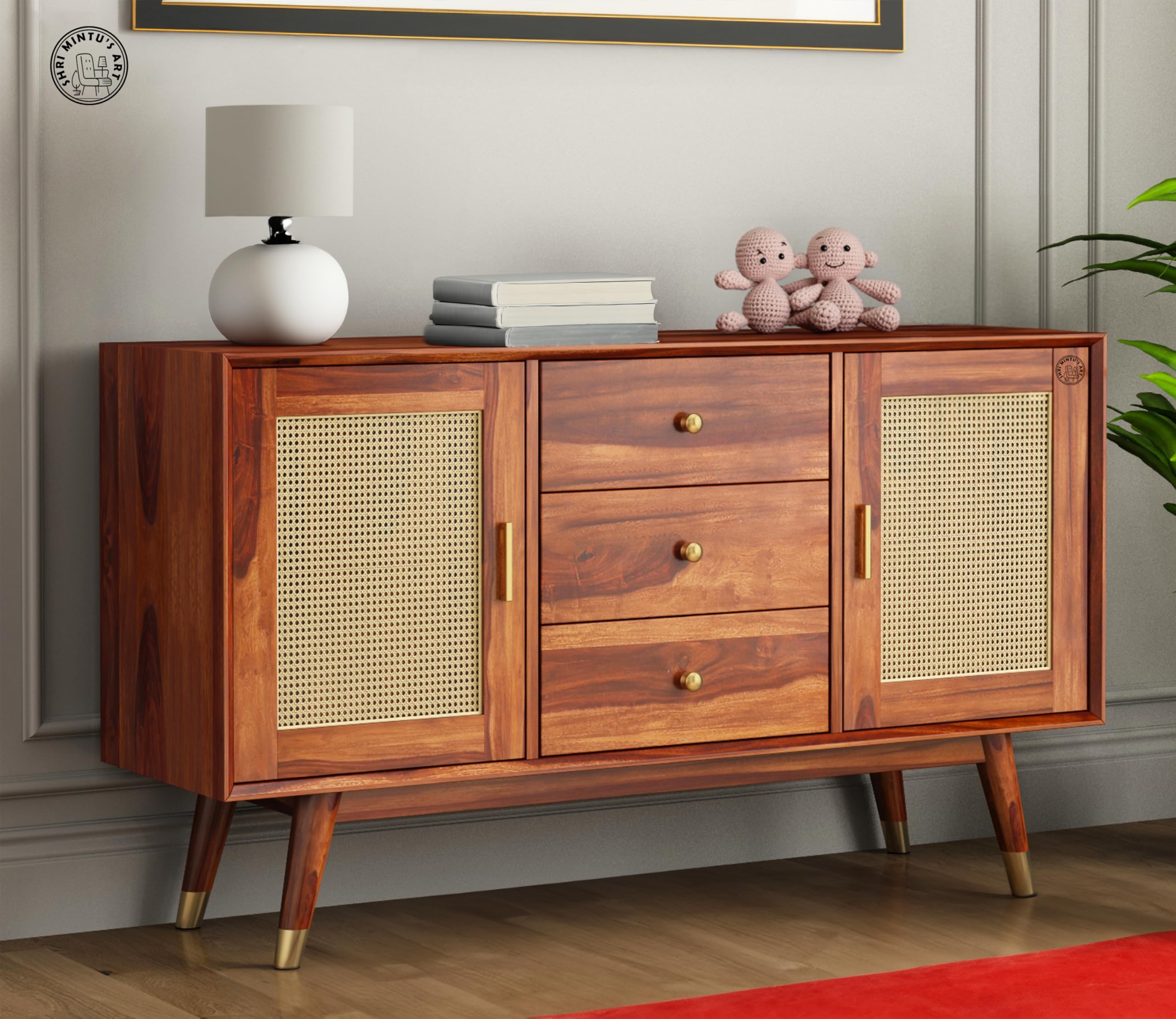 SHRI MINTU'S ART Solid Wood Sideboard Cabinet for Living Room | Wooden Sideboard Tv Cabinet for Bedroom | 3 Drawer and 4 Storage Cabinet with Door for Kitchen Dining Room (Honey Finish)-picture-14