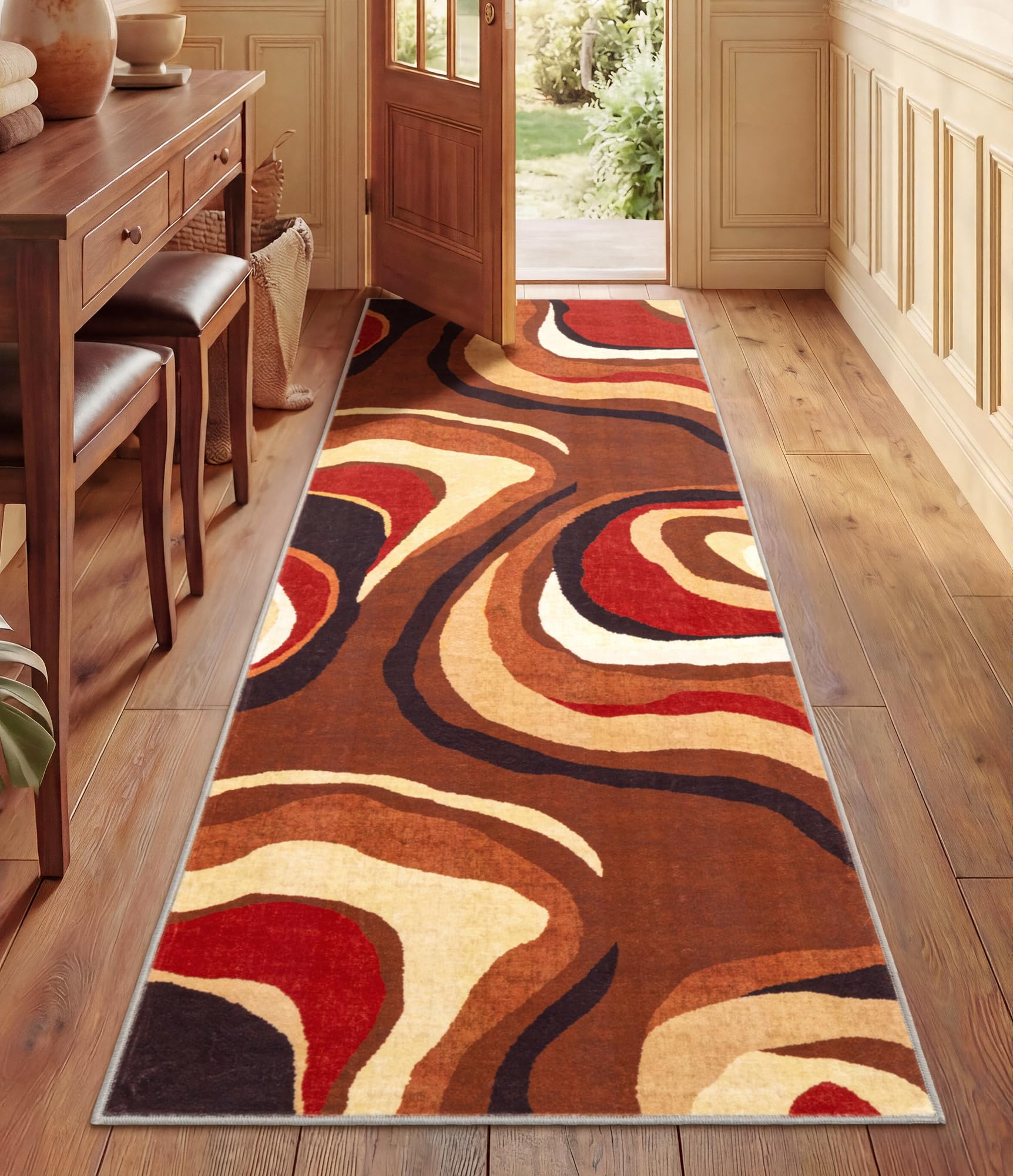 Photo 1 of ***USED*** YIHOUSE Burnt Orange Runner Rug 2x6 for Hallway, Farmhouse Brown Retro Carpets Washable, Geometric Abstract Wavy Rug, Unique Colorful Rugs for Dining Room, Kitchen, Bedside Rugs