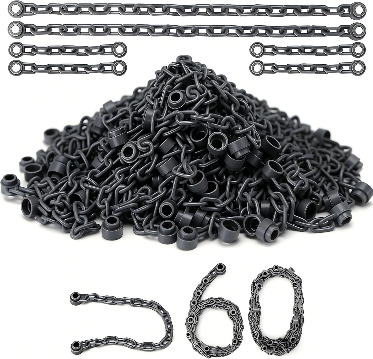 Dark Gray Chain Link Bulk Accessories Pack, 30Pcs Chain 21 Link and 30Pcs Chain 5 Link, Compatible with Lego Parts and Pieces