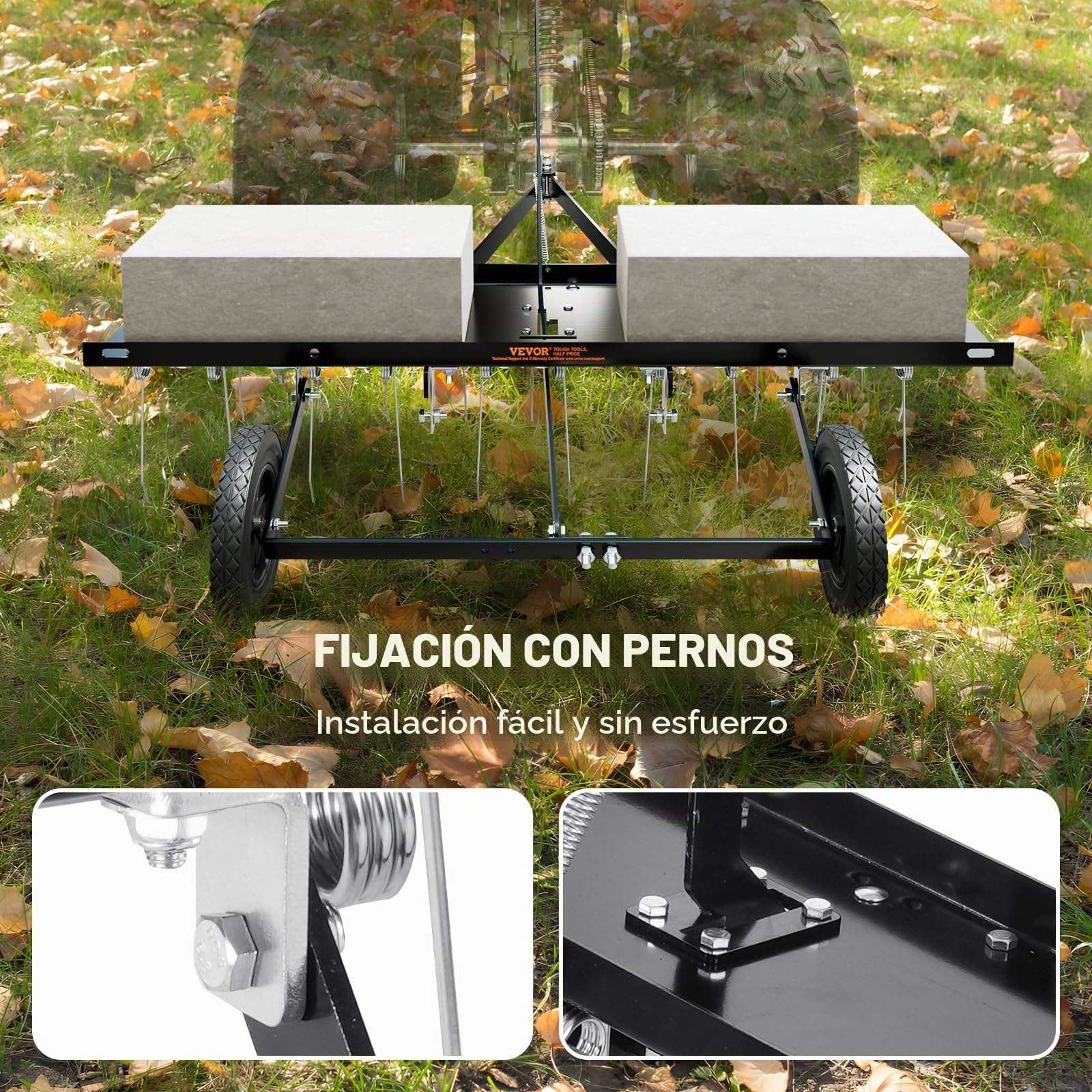 VEVOR Cortacéspedes de Remolque detrás de 1015 x 1140 x 865 mm con 20 Púas de Acero de Resorte, Rastrillo de Césped para ATV o Cortacésped, con Mango de Elevación para Césped de Granja de Jardín