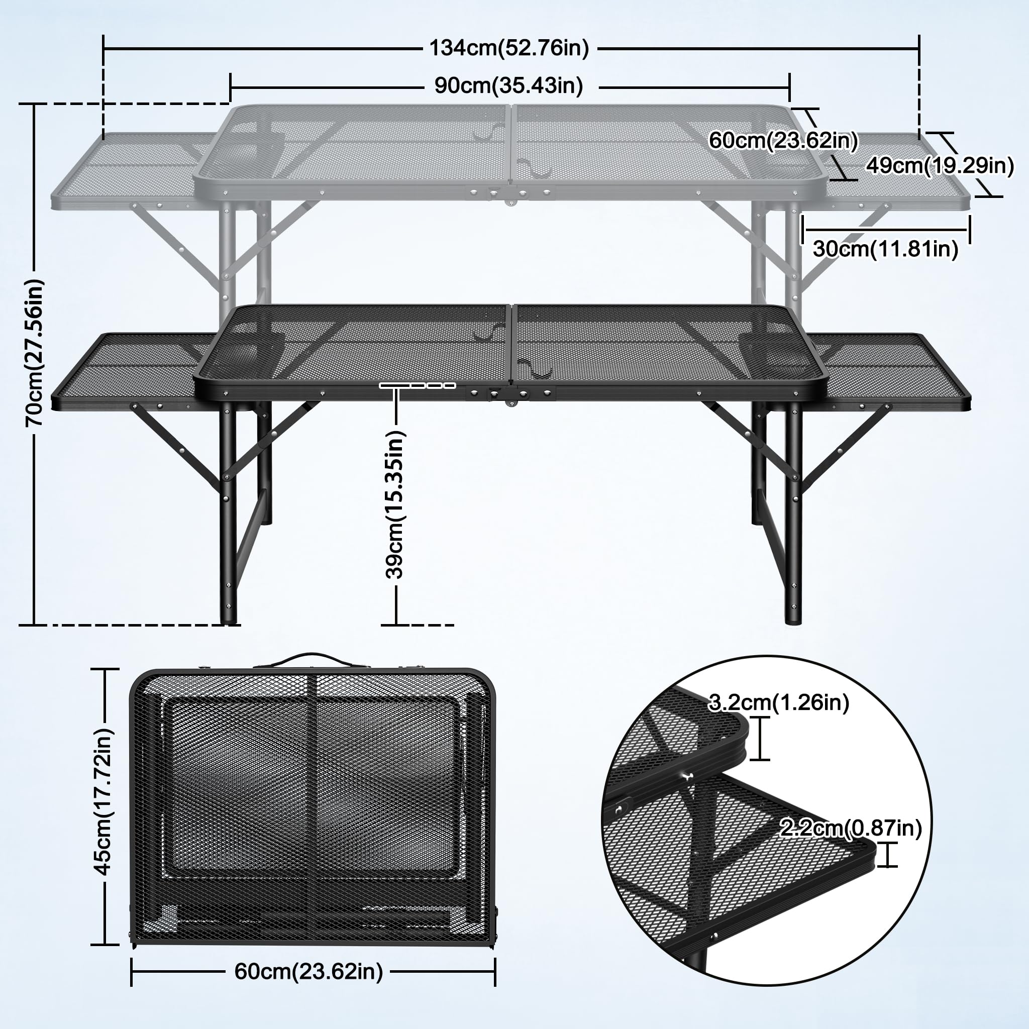 UISEBRT Tavolo da campeggio pieghevole da giardino, leggero e portatile, piccolo tavolo da barbecue con scrivania in rete, per picnic, campeggio, barbecue, 90 x 60 x 39 cm