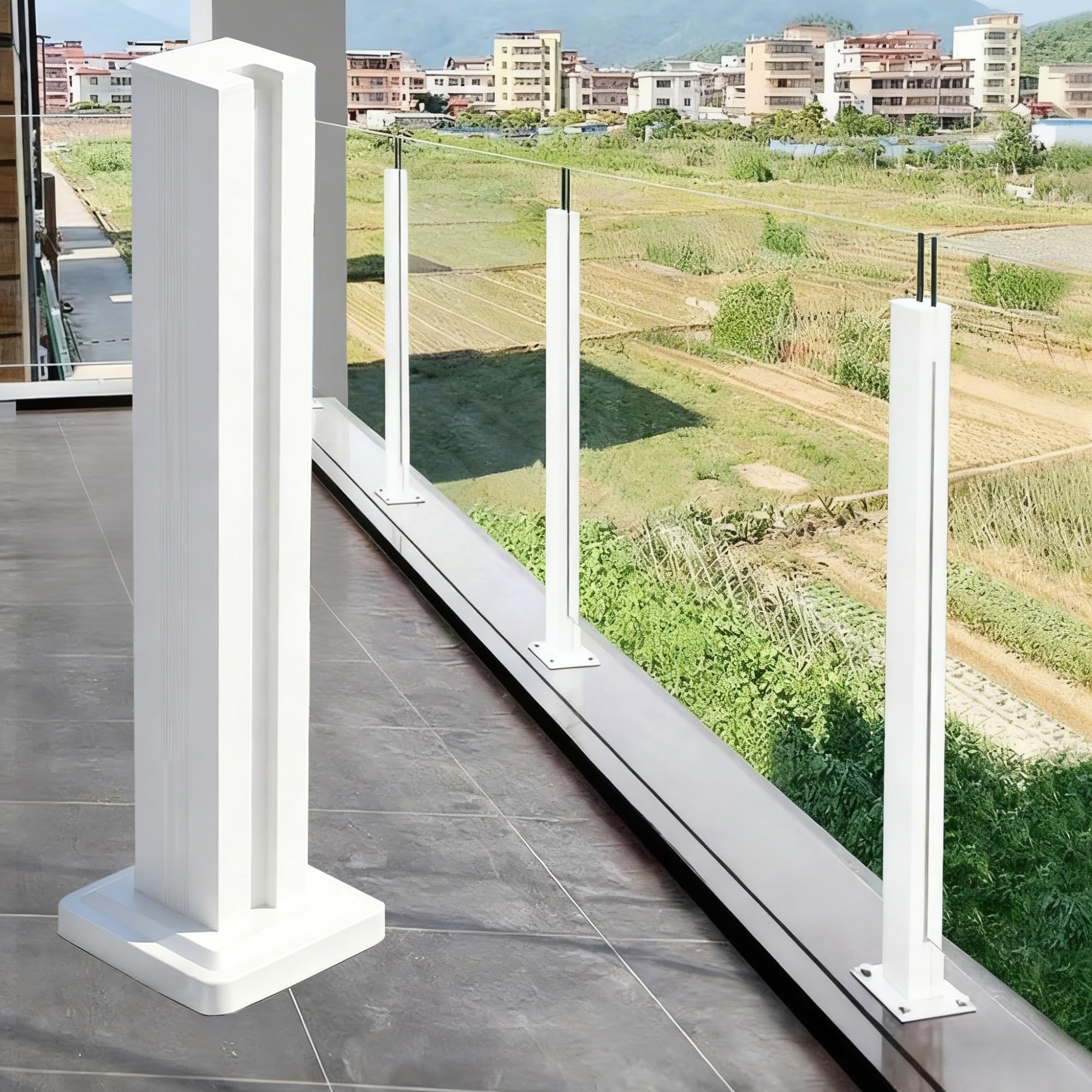 ZAQYCM Landing Frameless Glass Balustrade Post White, 8mm 10mm 12mm Glass Fence Railing Post for Decking, Steps, Balcony, Pool, Garden & Stairs With Spigots Slots(White End Post,100cm/39.3 in)