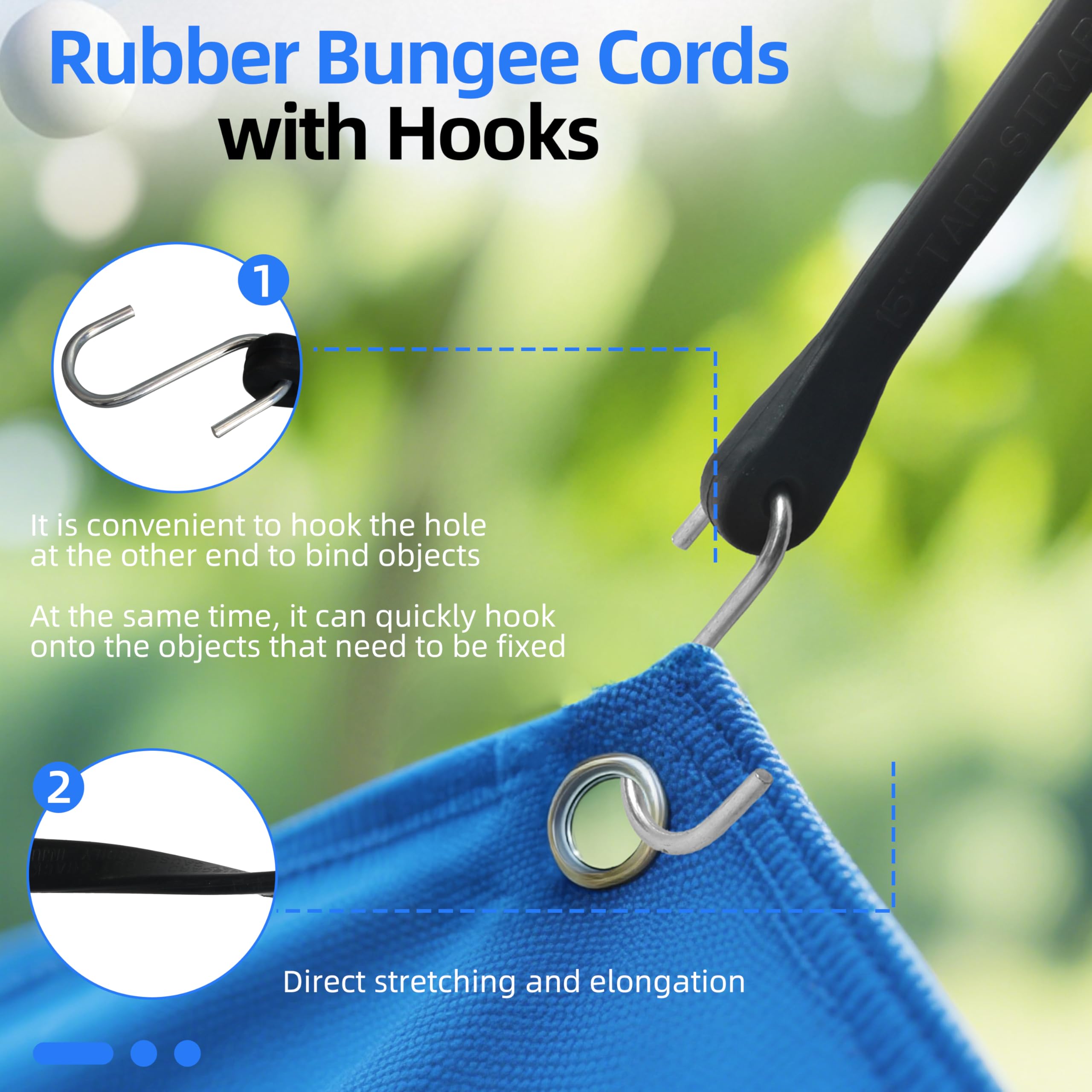 Paquete de 100 cuerdas elásticas de goma con ganchos, correas de lona resistentes de 21 pulgadas para exteriores, elasticidad máxima 1.5X, carga de 185 libras, para camping, fijación de carga