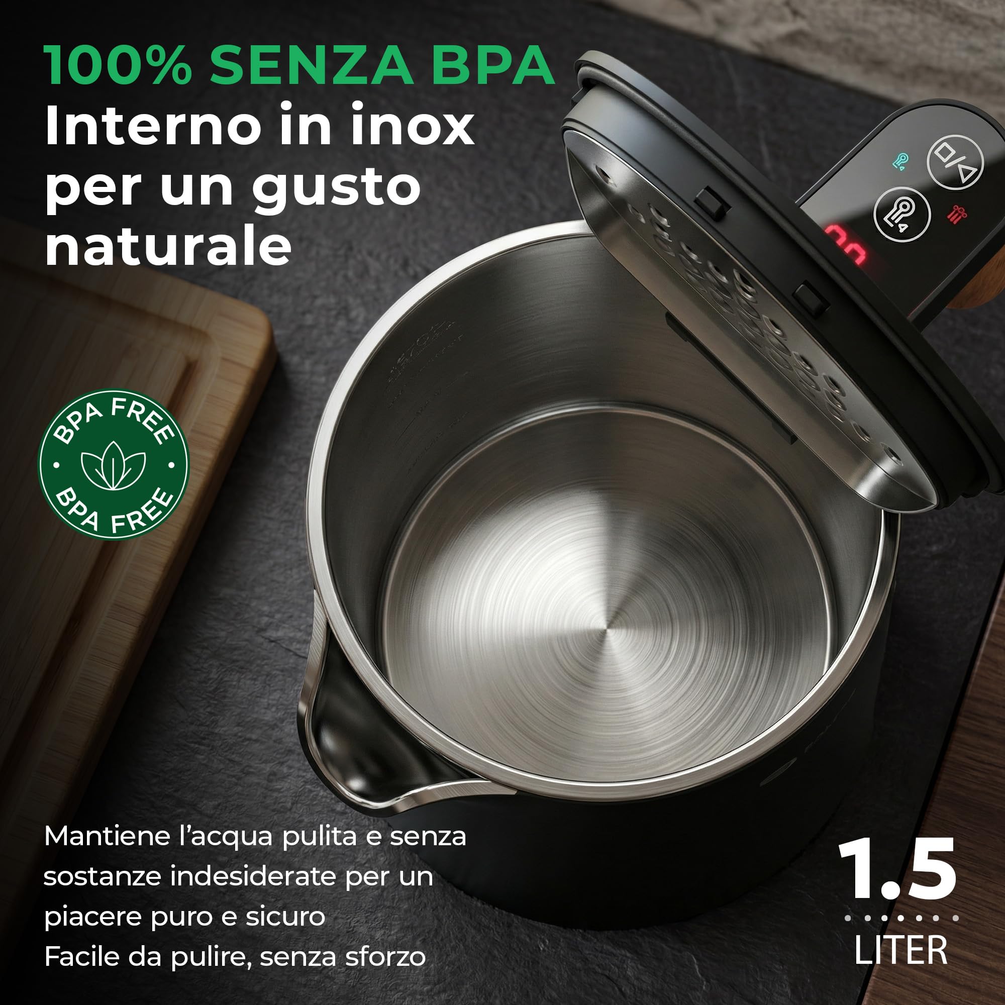 BALTER Bollitore elettrico temperatura regolabile, Acciaio Inox, 45 °C - 100 °C, kettle, doppia parete, senza BPA, 1,5 l, 2200 W, nero