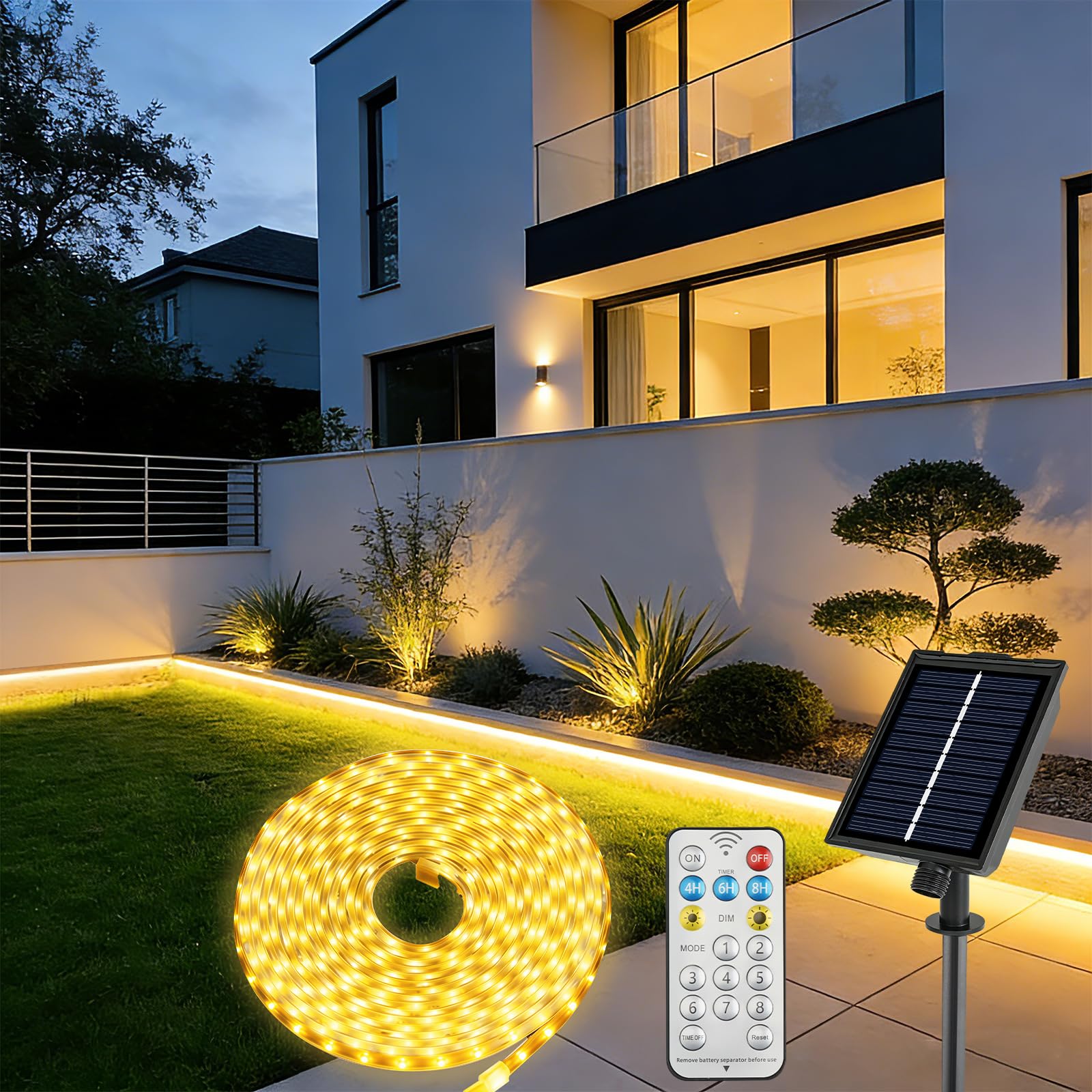 Ylatoial 10M Solar LED Streifen Außen, 640 LED Strip, IP68 Wasserdicht, Dimmbar mit Fernbedienung, 8 Leuchtmodi & Timer, Wiederaufladbar für Balkon, Garten, Terrasse, Warmweiß