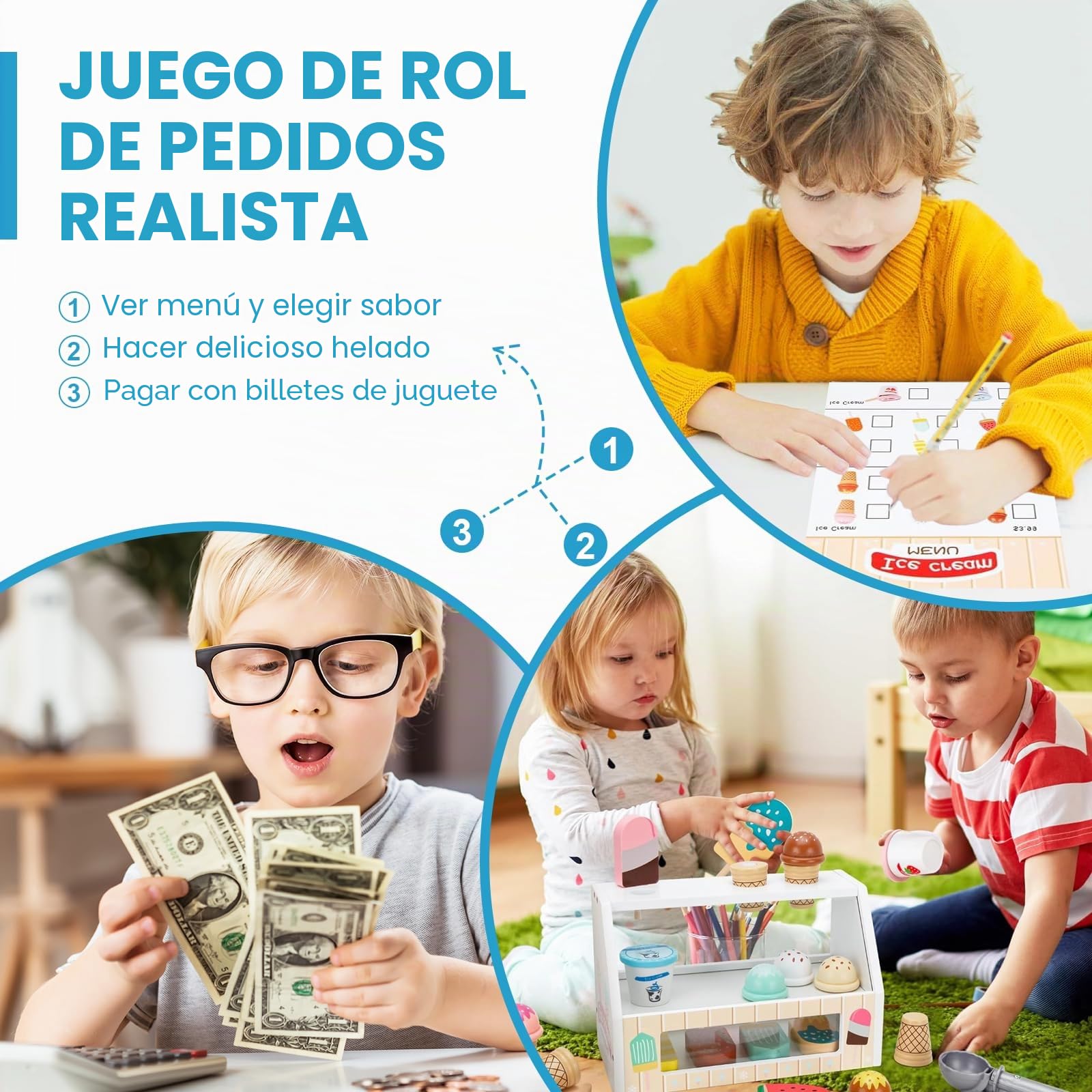 Heladeria Juguete,Juguete de Helado,Tienda de Helados con Conos,Tienda de Helados Accesorios de Cocina,Helados Madera Juguete Juego Educativos Regalo para Niñas Niños 3 4 5 6 años