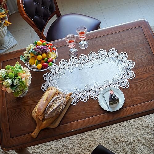 Miniatura 3 de ARTABLE Manteles individuales redondos de encaje bordados para decoración del hogar, mesa de comedor (16 x 28 pulgadas, ovalado, blanco)