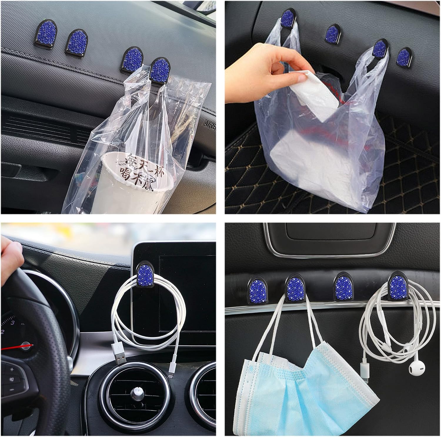 WINKA Bling Car Hooks 4pcs Crystal Accessories Cute Dashboard Hook for Keys Sunglasses Multifunctional Hanging Storage Hook Universal Diamond Accessories for Car (Navy Blue) image 3