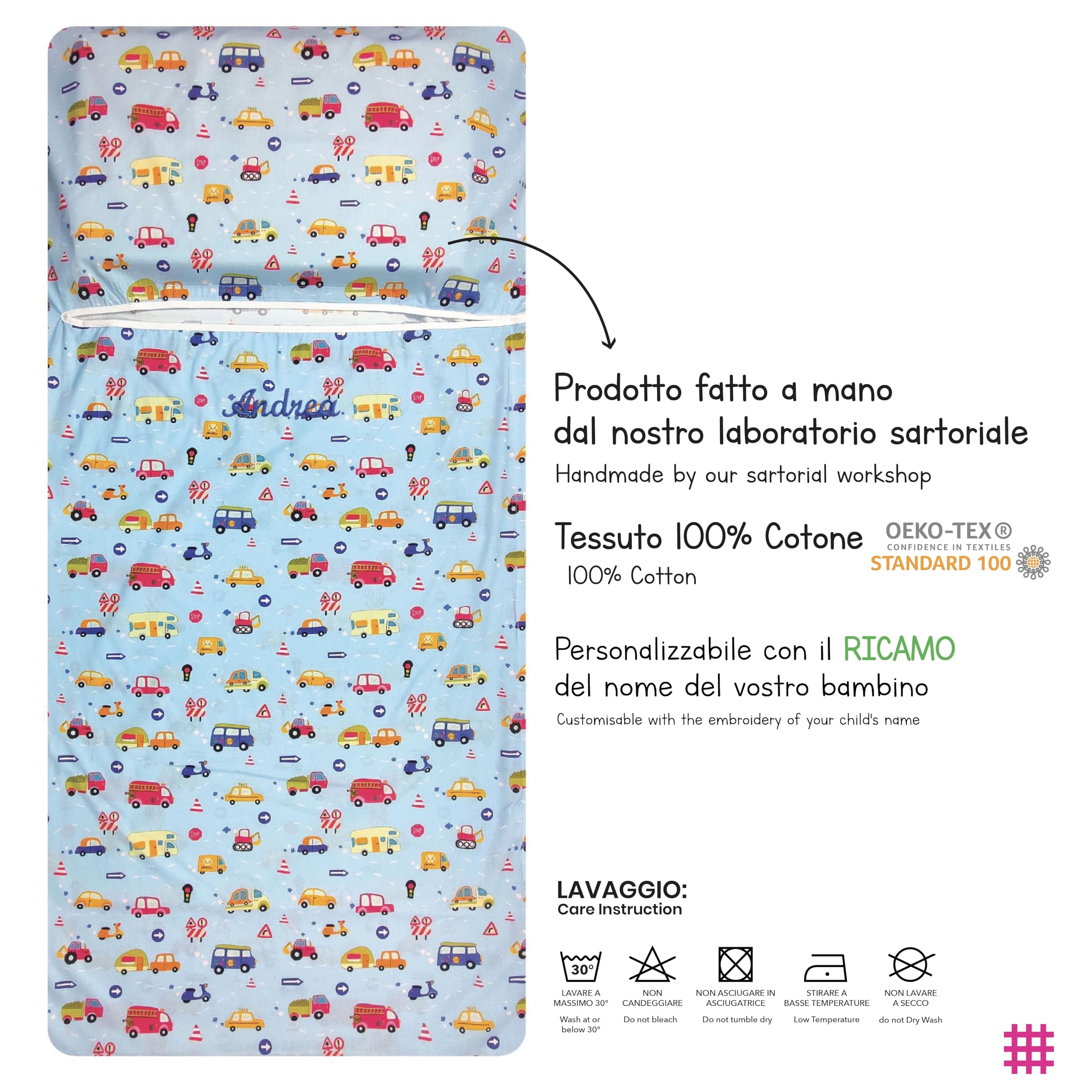 Sacco nanna Estivo personalizzato con nome ricamato per Bimbo e Bimba da 2 a 6 Anni - Tessuto 100% Cotone-Copertina Asilo-Macchinine