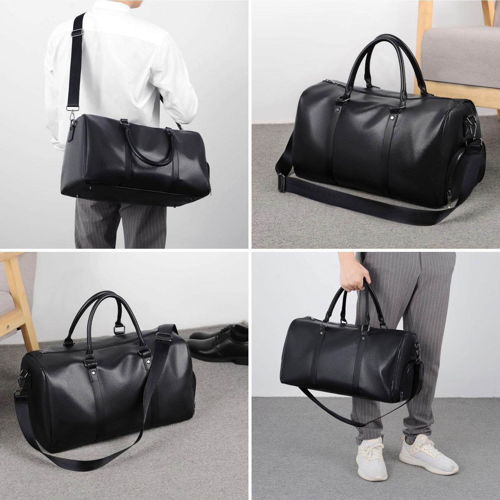 BEITH Borsone Palestra Uomo, Pelle Sintetica Borsone da Viaggio, Borsa Sportiva con Scomparto Scarpe, 40x20x25cm Disponibile per l'imbarco, Separazione a Secco e ad Umido, Impermeabile e Durevole