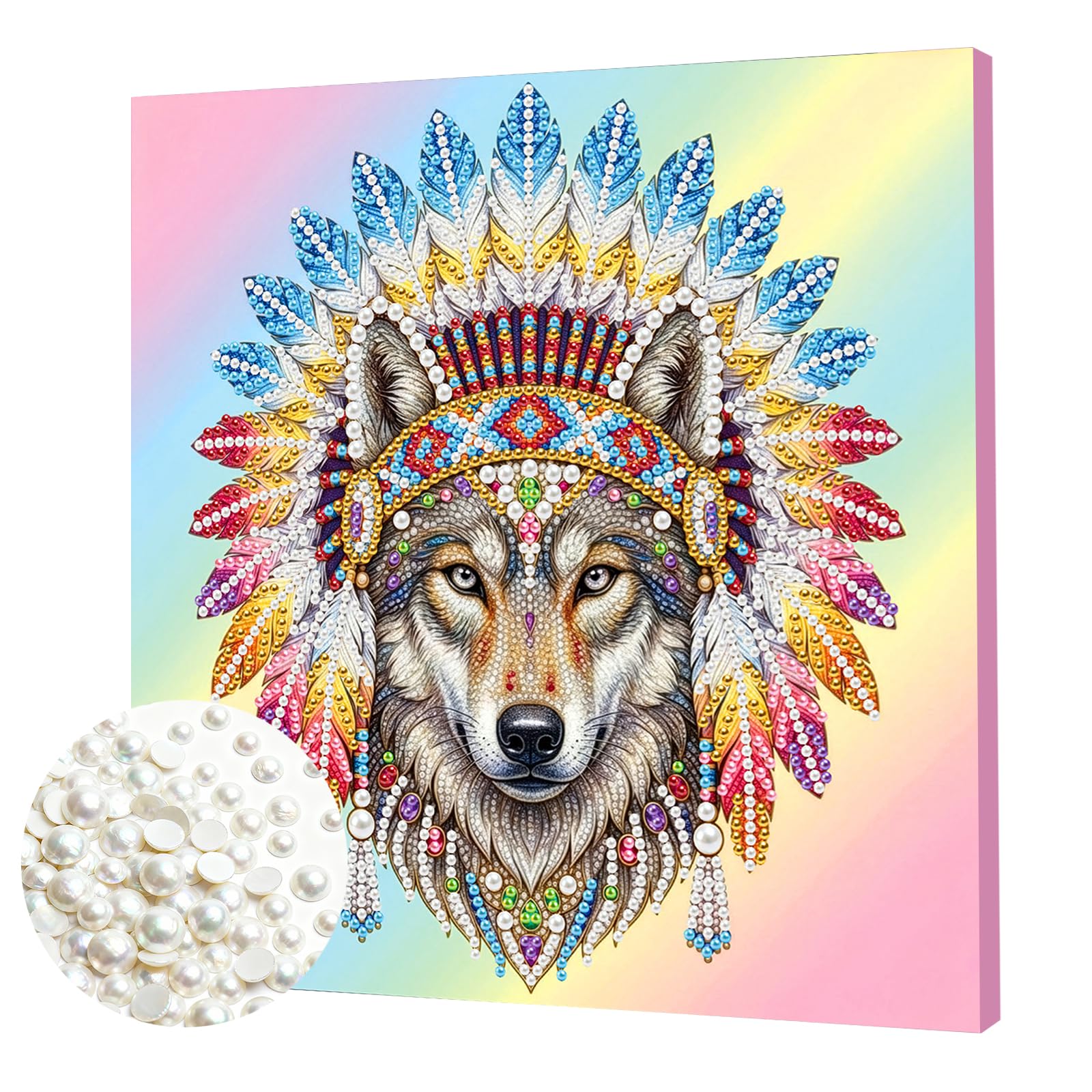 DIY Pearl Painting Kit with Wooden Frame, 3D Plastic Pearl Art Diamond Art Kits for Adults, Ready-to-Hang Home Decor, Gift for Women Beginners(Indian Wolf)(25 * 25cm)
