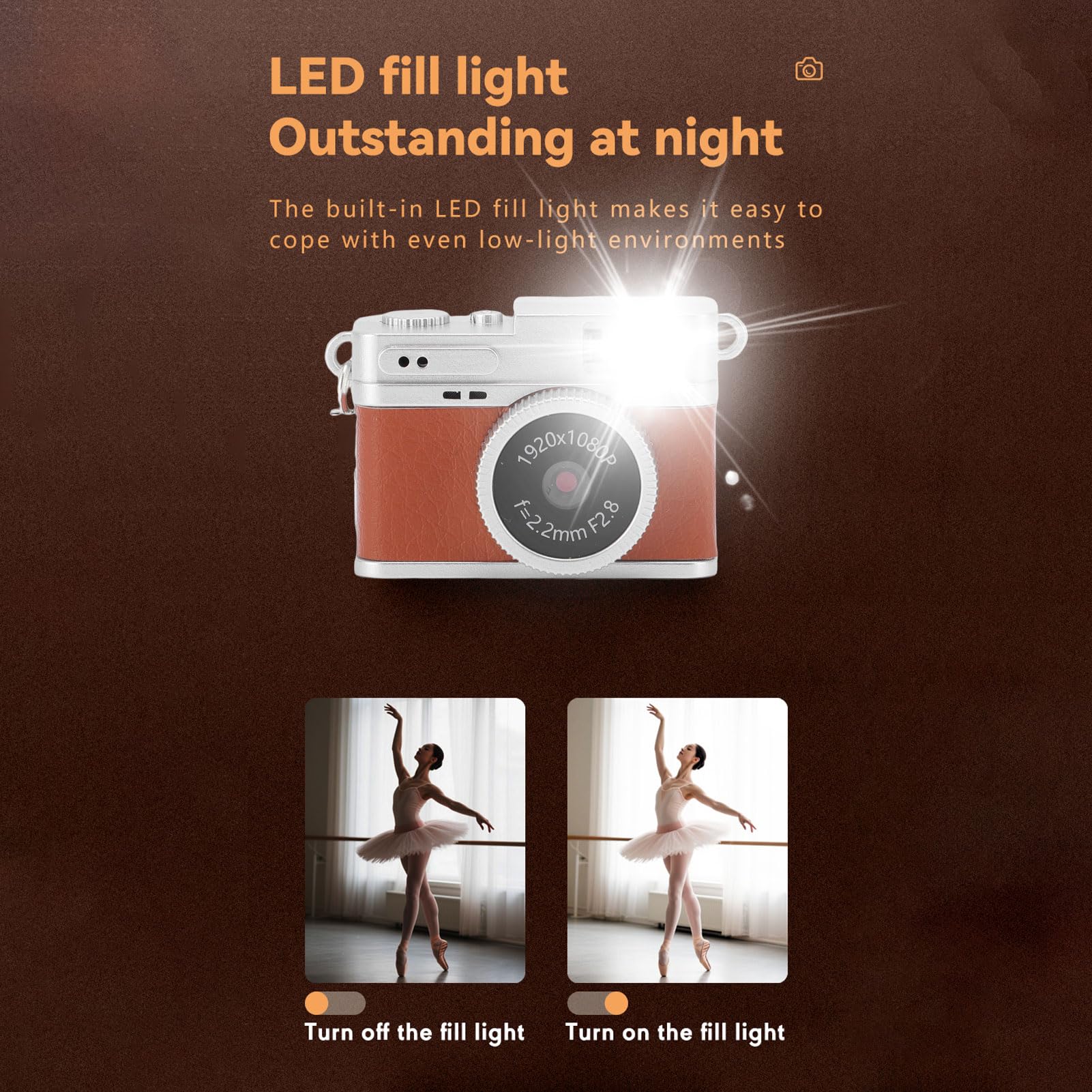 Topiky Petit Appareil Photo Numérique Rétro, 1080p FHD 0,96 Pouce Mini Clés de Caméra, Appareil Photo Numérique Portable Ith LED Bill Light Light 4 Filtres, Enregistreur Vidéo de Poche (Brown)