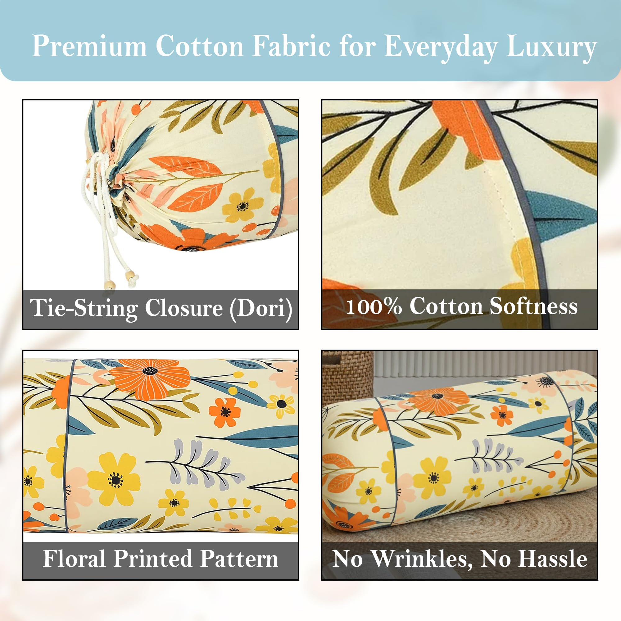 GLUN®Flower Print Cotton Bolster Cover Set of 2 | 16 x 32 Inches | Soft & Luxurious Decorative Bolster Pillow Covers for Sofa, Bed & Living Room | Cream 1
