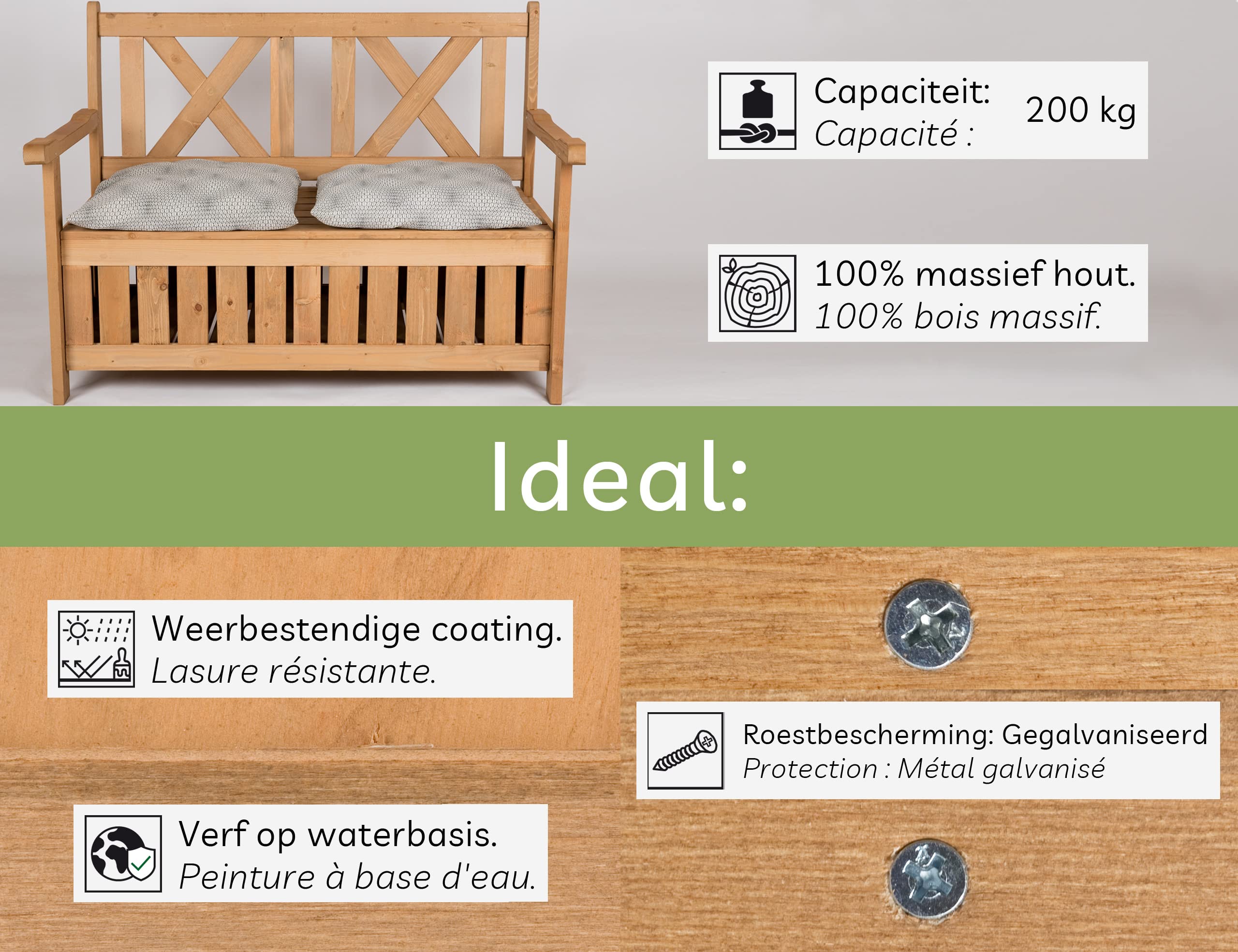 needs&wants® Banc de Jardin en Bois résistant aux intempéries avec Espace de Rangement et Couverture, Coffre 2 Places, de Parc Jardin extérieur avec Coffre