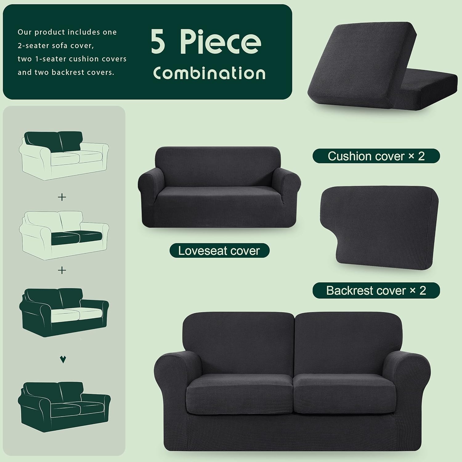 CHUN YI 5 Piece Stretch Loveseat Sofa Cover, 2 Seater Couch Slipcover with Two Separate Backrests and Cushions with Elastic Band, Checks Spandex Jacquard Fabric(Medium,Gray) : Home & Kitchen