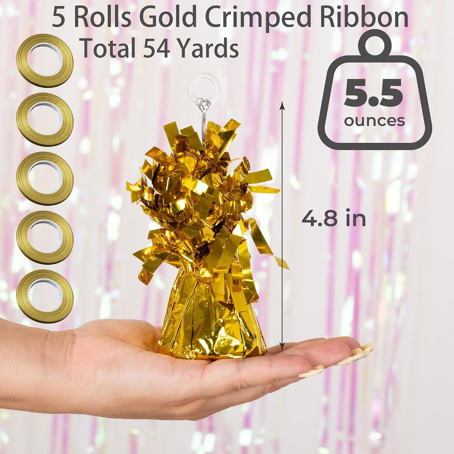 12-Pack Gold Balloon Weights with 5 Roll Gold Crimped Ribbon - Gorgeous Table Centerpiece DIY decorations for Graduations, Family Celebrations, Christmas Parties! Attractive for Any Occasion