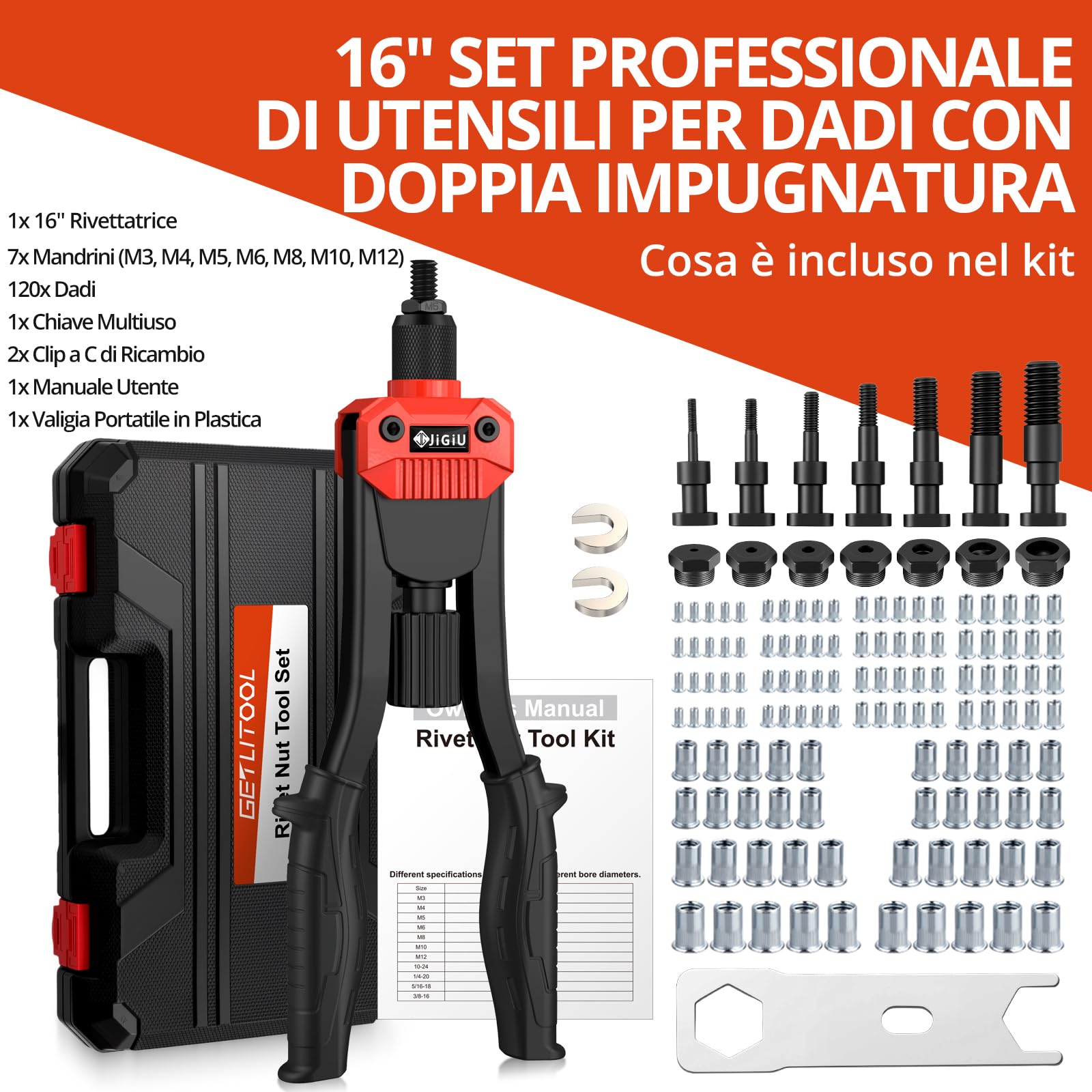 GETLITOOL Set 16-Inch Rivettatrice Professionale per Impieghi Gravosi con 7 Mandrini e 120 Dadi M3 M4 M5 M6 M8 M10 M12, Pistola Manuale a Dadi Rivetti con Valigetta per Garage Officine