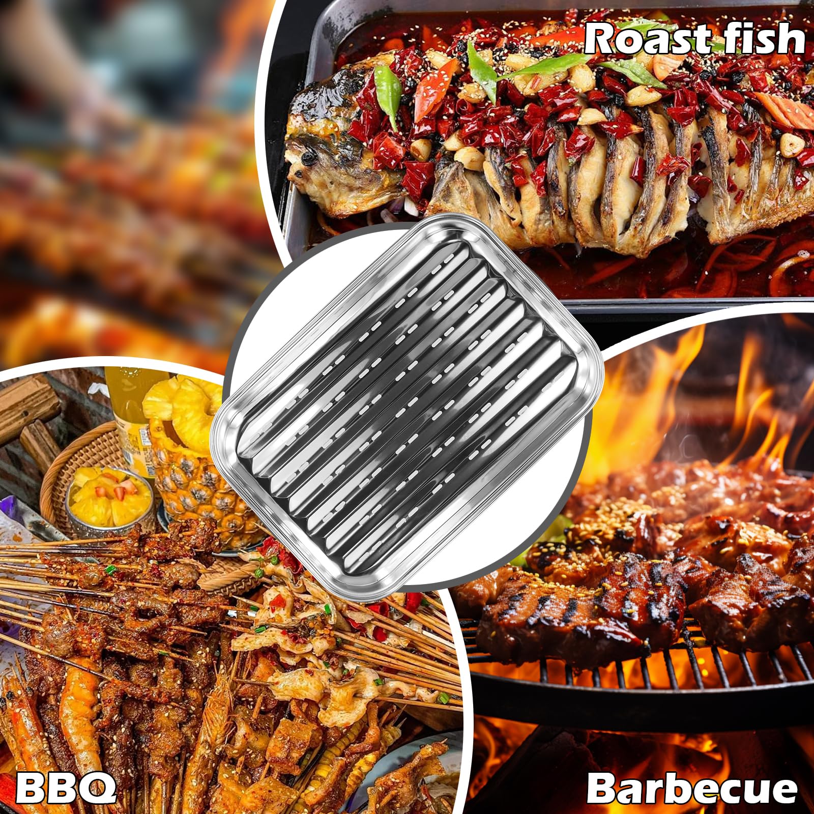 Juego de 2 Bandejas para Barbacoa de Acero Inoxidable, Reutilizable Bandejas para Barbacoa, Sartén Parrilla de Acero Inoxidable, para Barbacoa de Gas