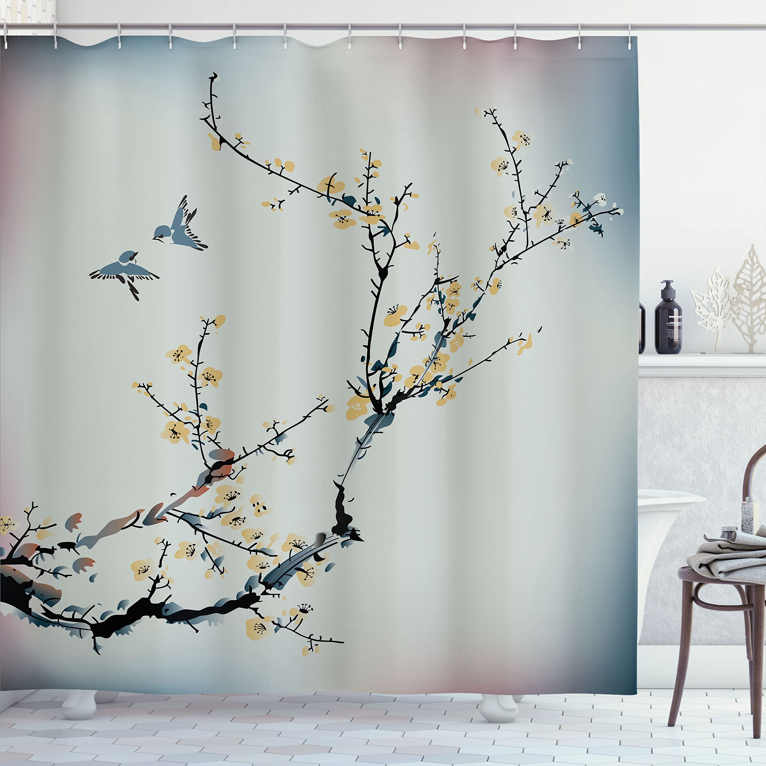 Ambesonne Nature Shower Curtain, Floral Buds Birds with Cherry Branches Style Artwork Painting Effect, Cloth Fabric Set Farm House Hotel Quality Decor for Master Bathroom, 69