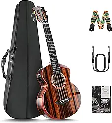 Caramel Ukulele elétrico e acústico tenor brilhante de ébano Cuteway da TEG91 com apoio de braço | Kit Ukelele profissional feito à mão de 66 cm com acessórios