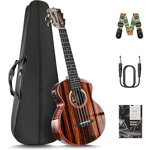 Caramel TEG91 Cuteway Ebony Glossy Tenor Acoustic & Electric Ukulele with Armrest | 26-inch Handmade Professional Ukelele Kit with Accessories