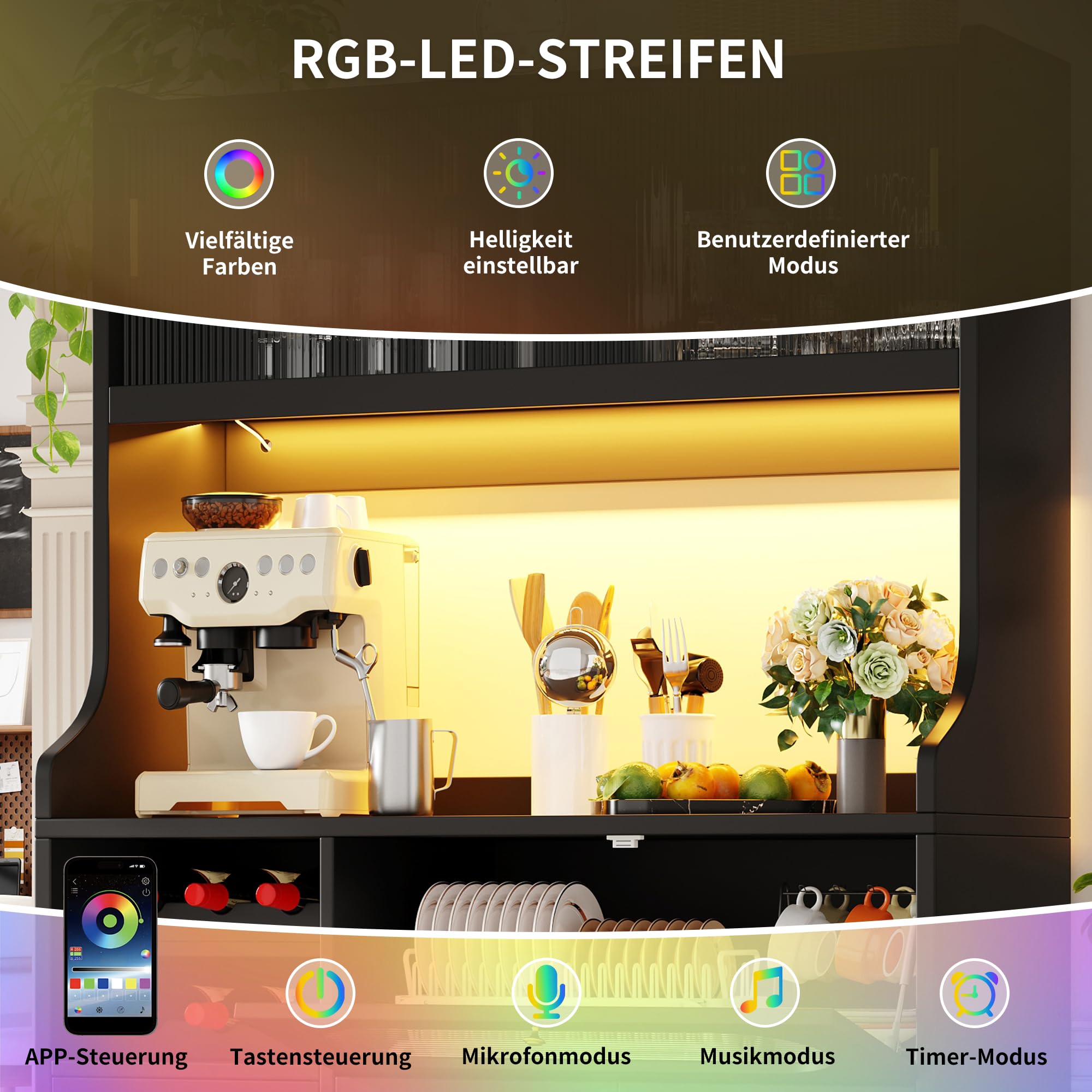 Mobile da cucina alto, 120 x 40 x 180 cm, con LED, cassetti e ante
