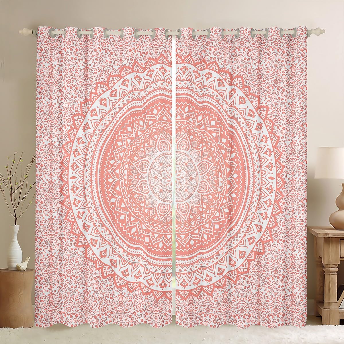 Mandala Boho Window Curtains,Pink Bohemian Curtain,Psychedelic Window Drapes for Kid Teens Boys Young Man,Modern Bedroom Decorative,Chic Exotic Curtain,52Wx63L