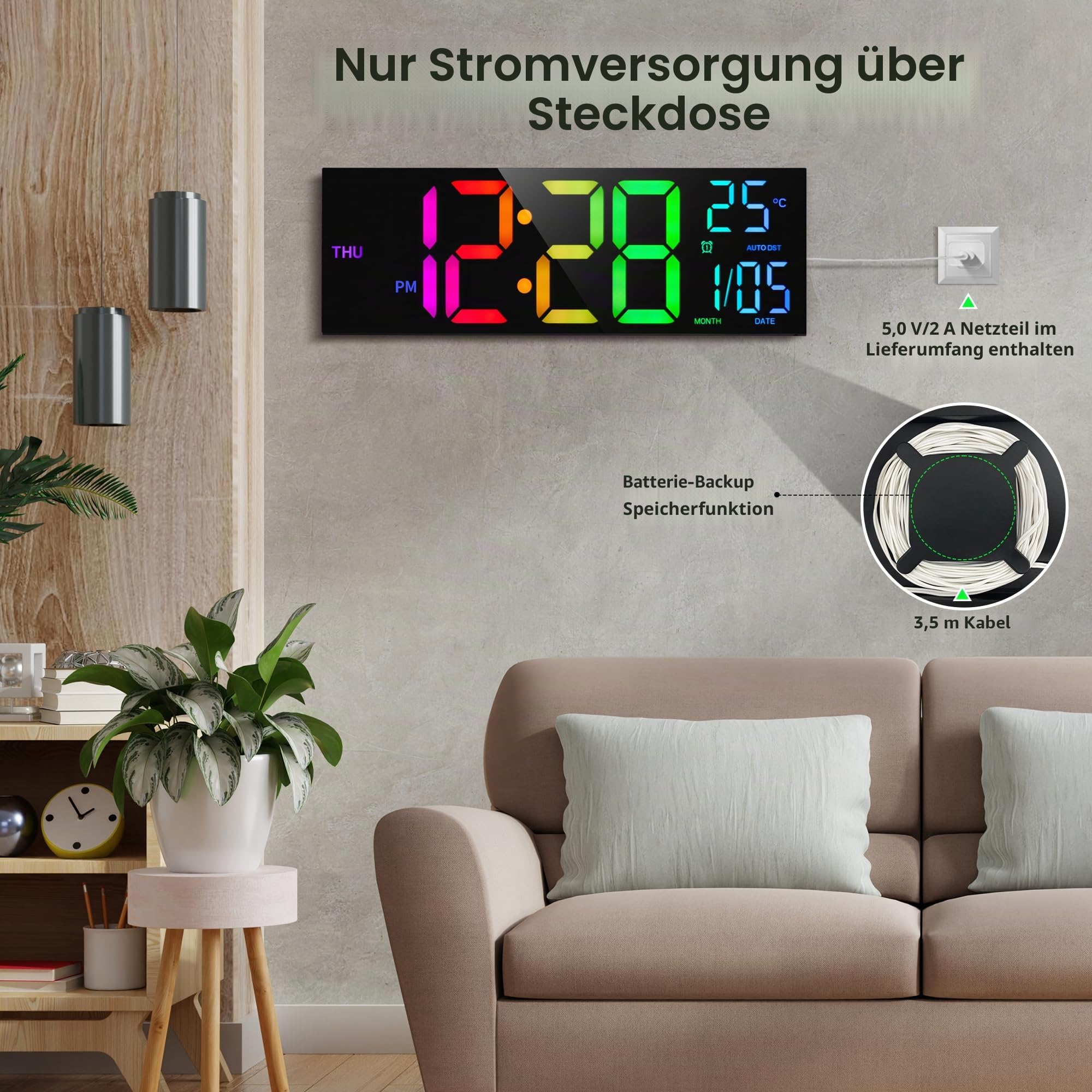 Wanduhr Digital - 8 Farben Digitale Wanduhr 16,2" Große Digitale Uhr mit Temperatur, Datum, Nachtlicht, Automatische Helligkeitsregelung, 24/12-Stunden für Wohnzimmer Büro Fitnessstudio