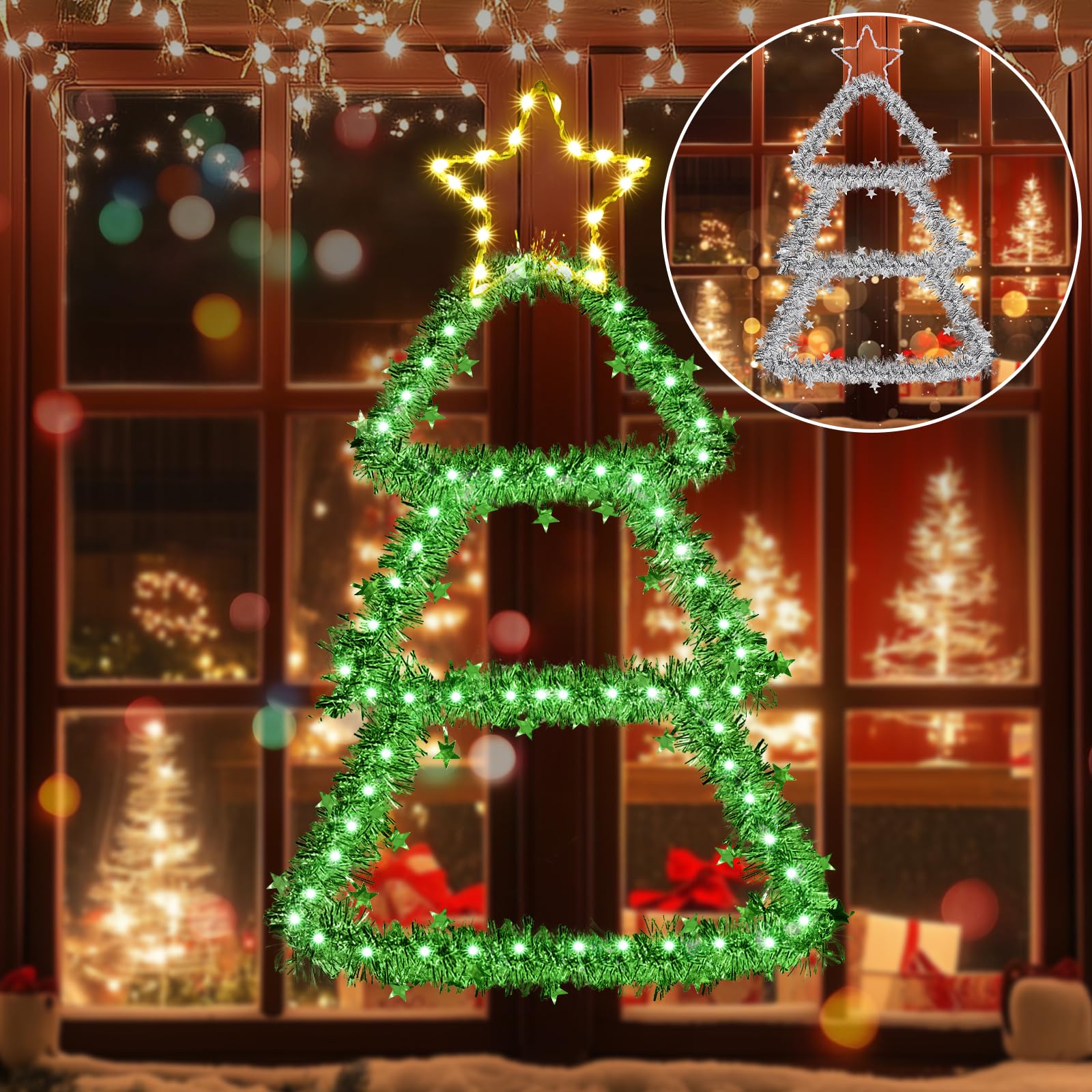 ELKTRY Luci Albero di Natale da Finestra a 110 LED, Luci Natale Batteria con Timer 8 Modalità, IP65 Decorazione Natalizia per Interni Finestre e Muri, Bianco Caldo