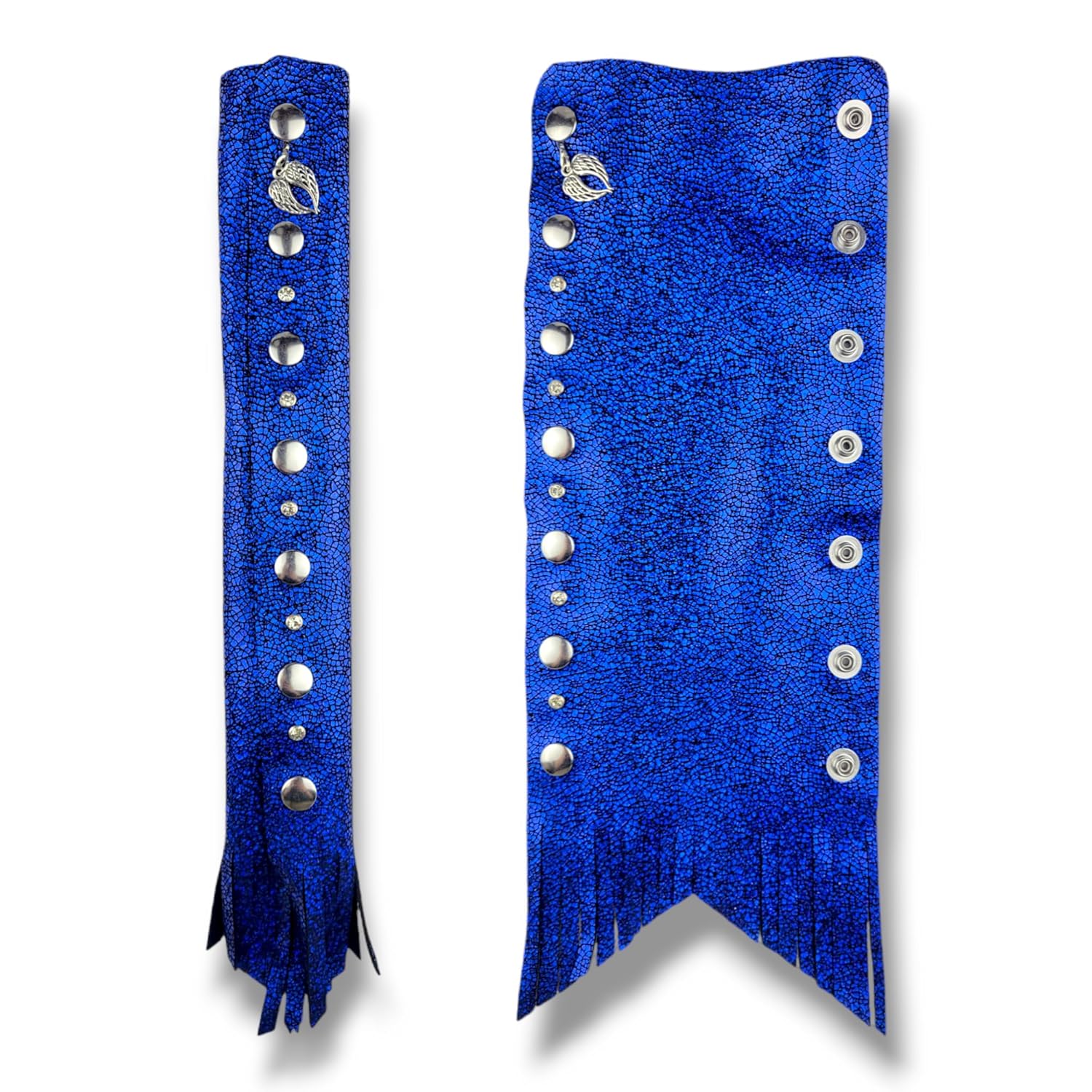 BLUE Glitter Leather Hair Wrap 6" inch to 22" - Handmade Ponytail Sleeve Long Hair Protector Frizz Saver | Colorful Bike Hair Tie Motorcycle Helmet Accessory Fringe & Crystals Made in USA (13 inch)