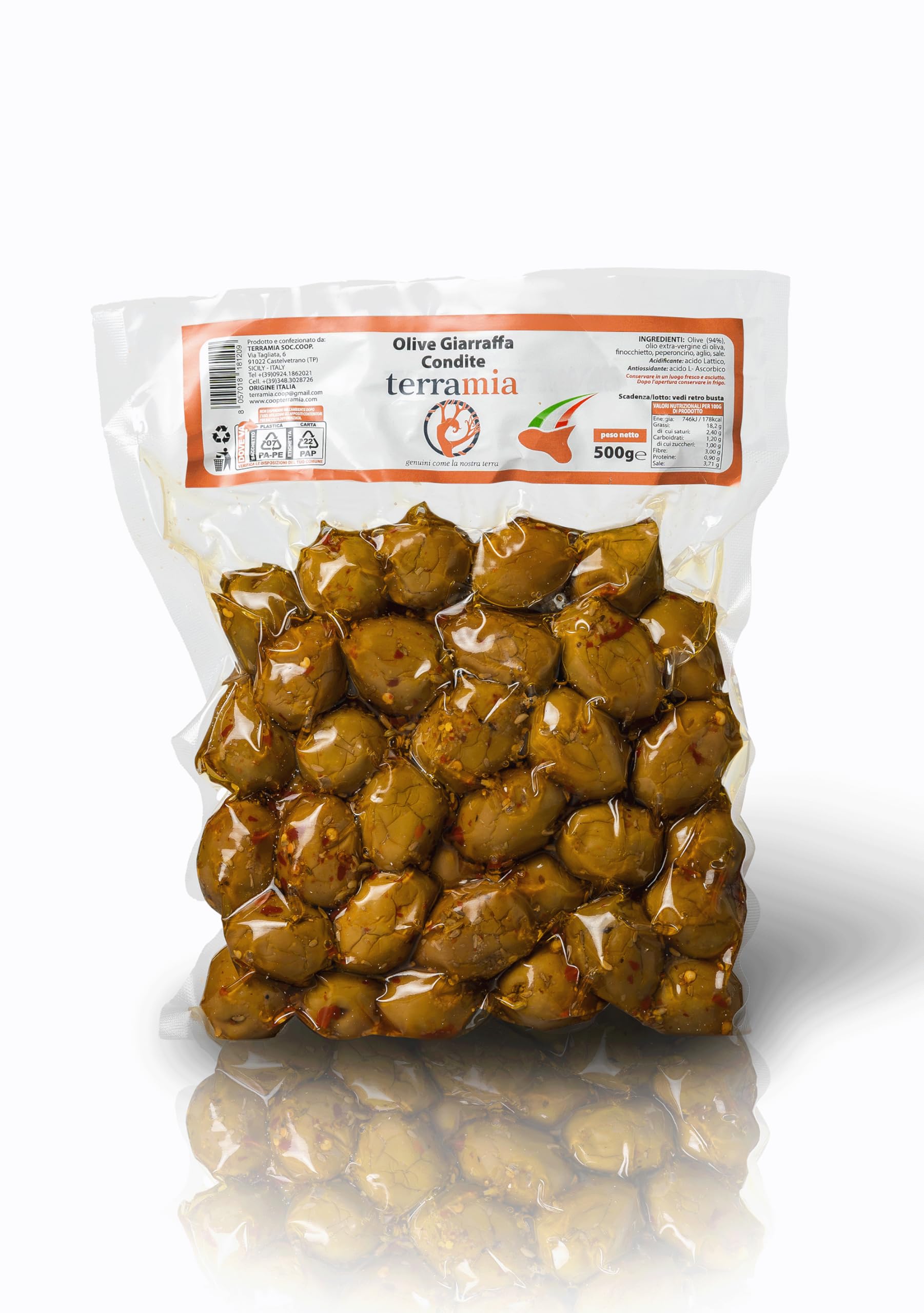 Terramia Olive Verdi Condite Siciliane Varietà "Giarraffa" – Prodotto Artigianale da Azienda Premiata Ercole Olivario e Monna Oliva, Formato Scorta 2kg (4 Buste x 500g)