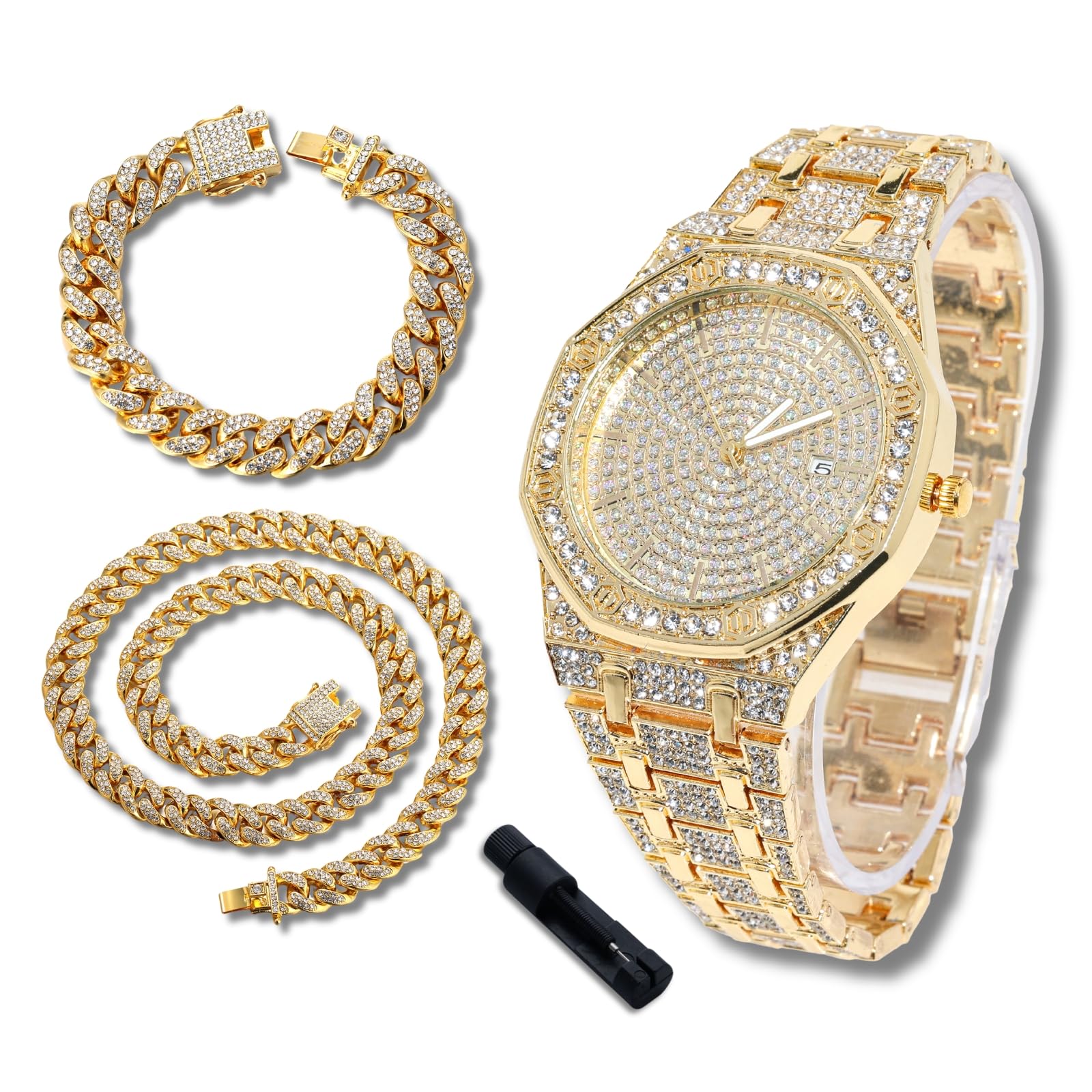 Orologio di lusso con diamanti per bambini e adolescenti, placcato oro 18 carati, quadrante ottagonale da 38 mm, strumento di regolazione incluso, opzionale con catena cubana