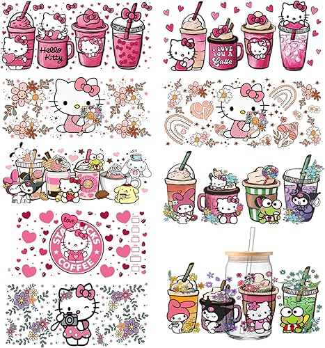 Envoltura de taza UV DTF, 9 piezas de lindo tema de gato taza de 16 onzas UV DTF transferencia de taza para vidrio UV DTF etiqueta de transferencia