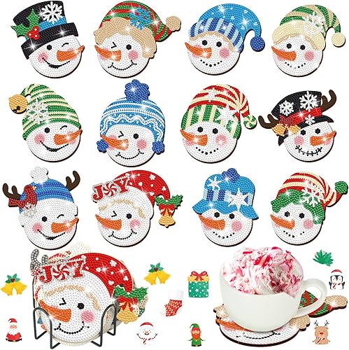 12 posavasos de arte de diamantes de Navidad, cabeza de muñeco de nieve, posavasos de pintura de diamante con soporte, kit de pintura de diamante de