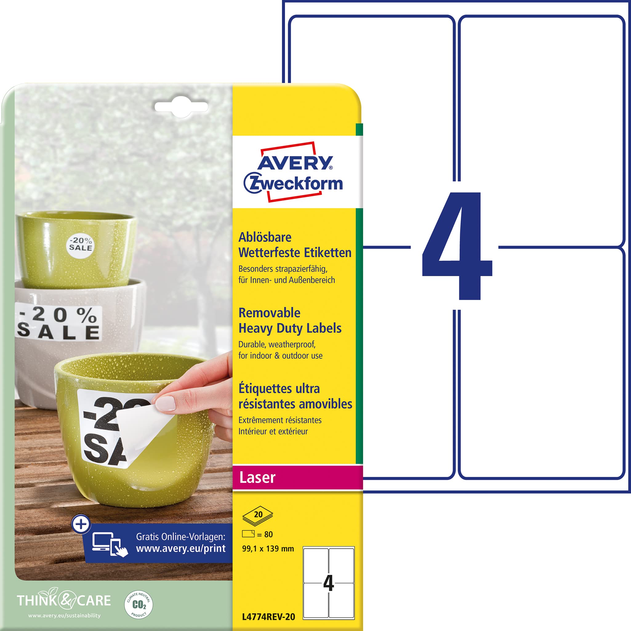 Avery Zweckform L4773-100 Weatherproof Film Label 80 Stück, 99,1 x 139 mm weiß