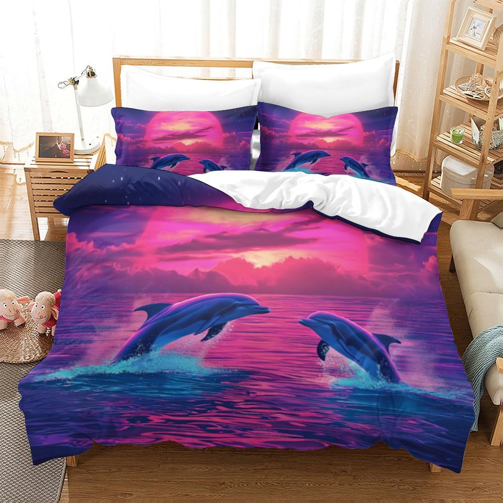 Housse de couette baleine pourpre 3D en microfibre 260x220 cm avec 2 taies d'oreiller