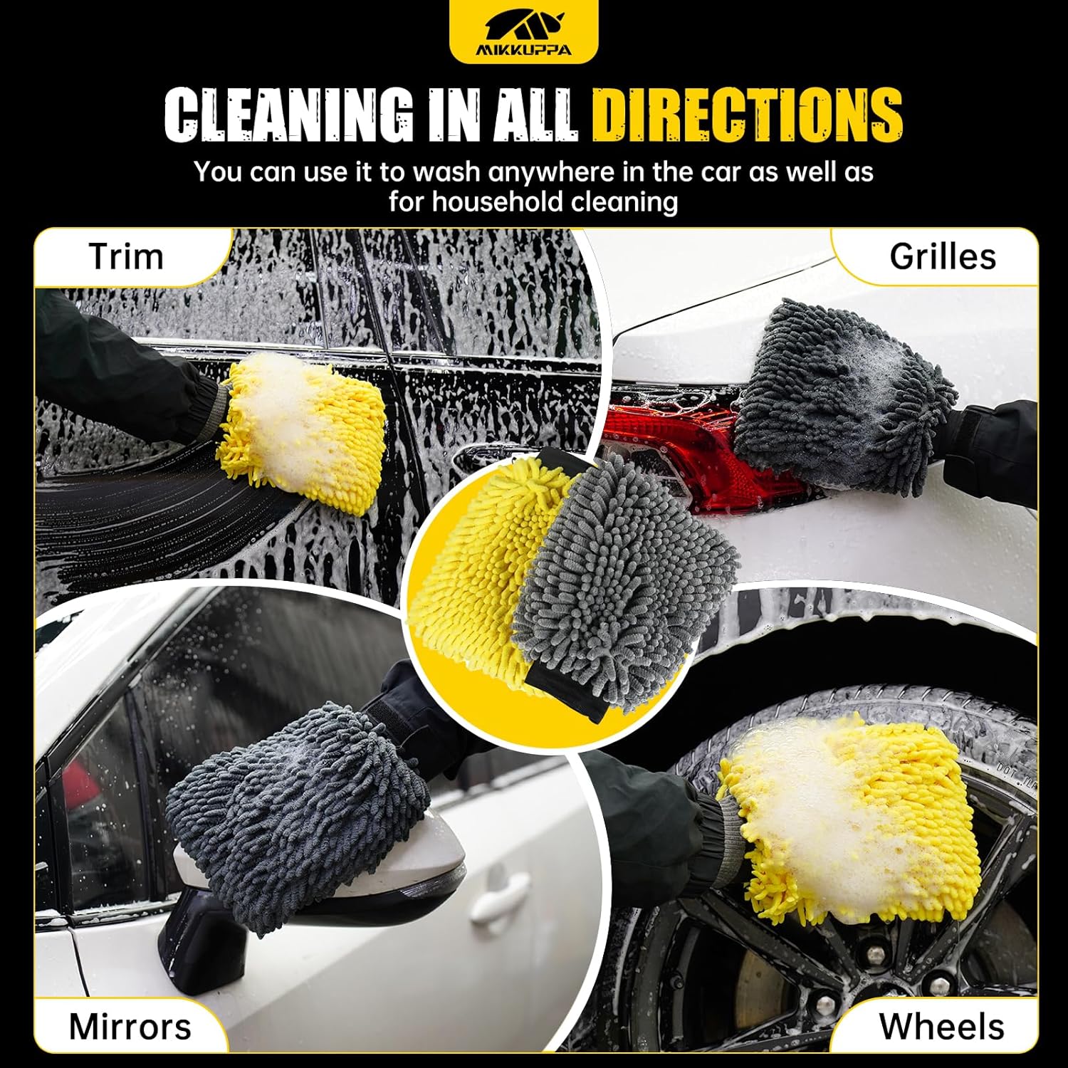 MIKKUPPA Car Trunk Organizer & Car Wash Mitt - 95L Collapsible Black Trunk Organizer with Lid, Yellow & Gray Double-Sided Chenille Scratch Free Mitt with Waterproof Inner