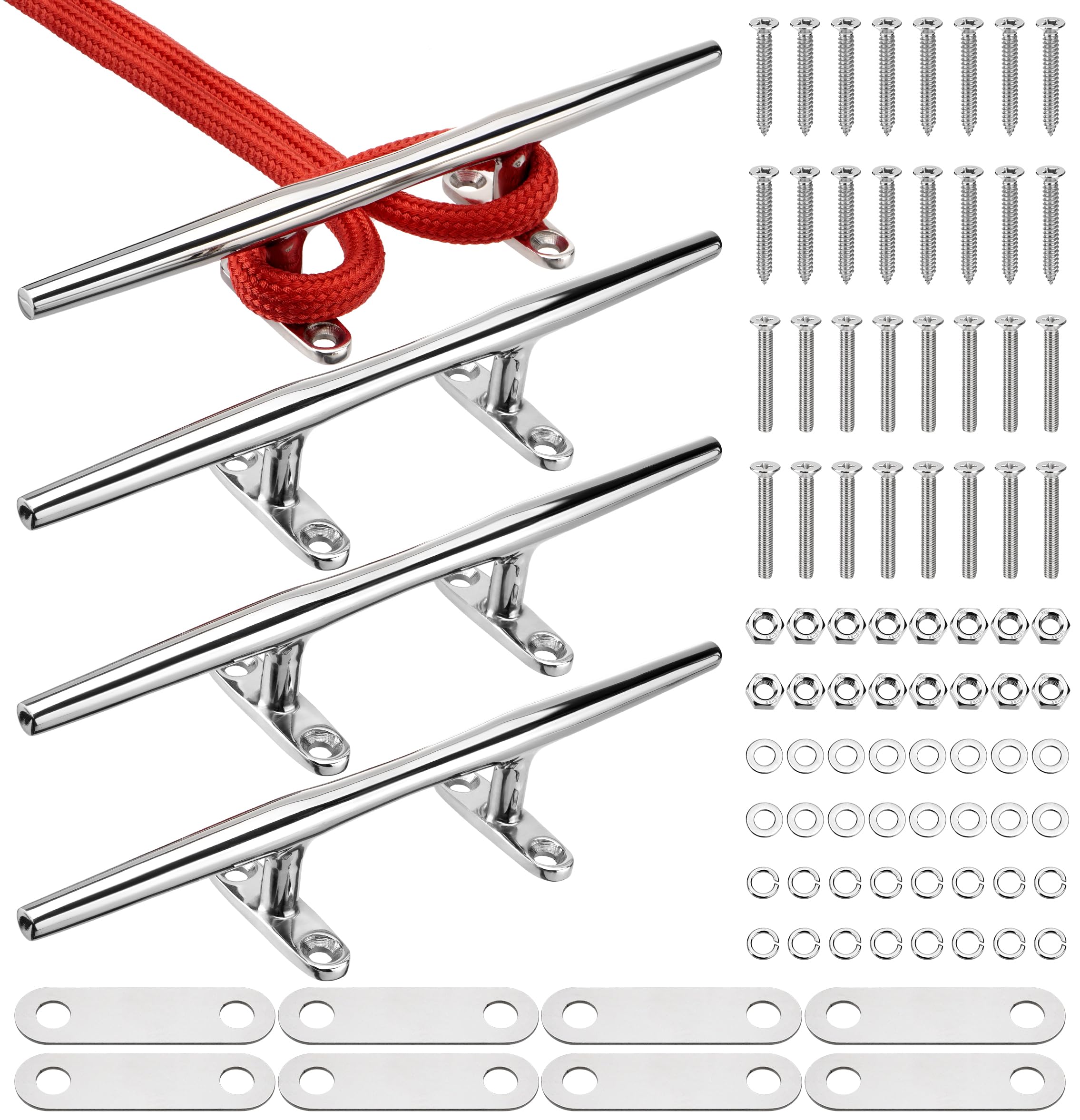 8"/10"/12" Boat Cleats, 316 Stainless Steel Open Base Marine Dock Rope Cleats with Backing Plates and Two Types Screws, Compatible with Kayak, Yacht, Pontoon, Nautical Decor