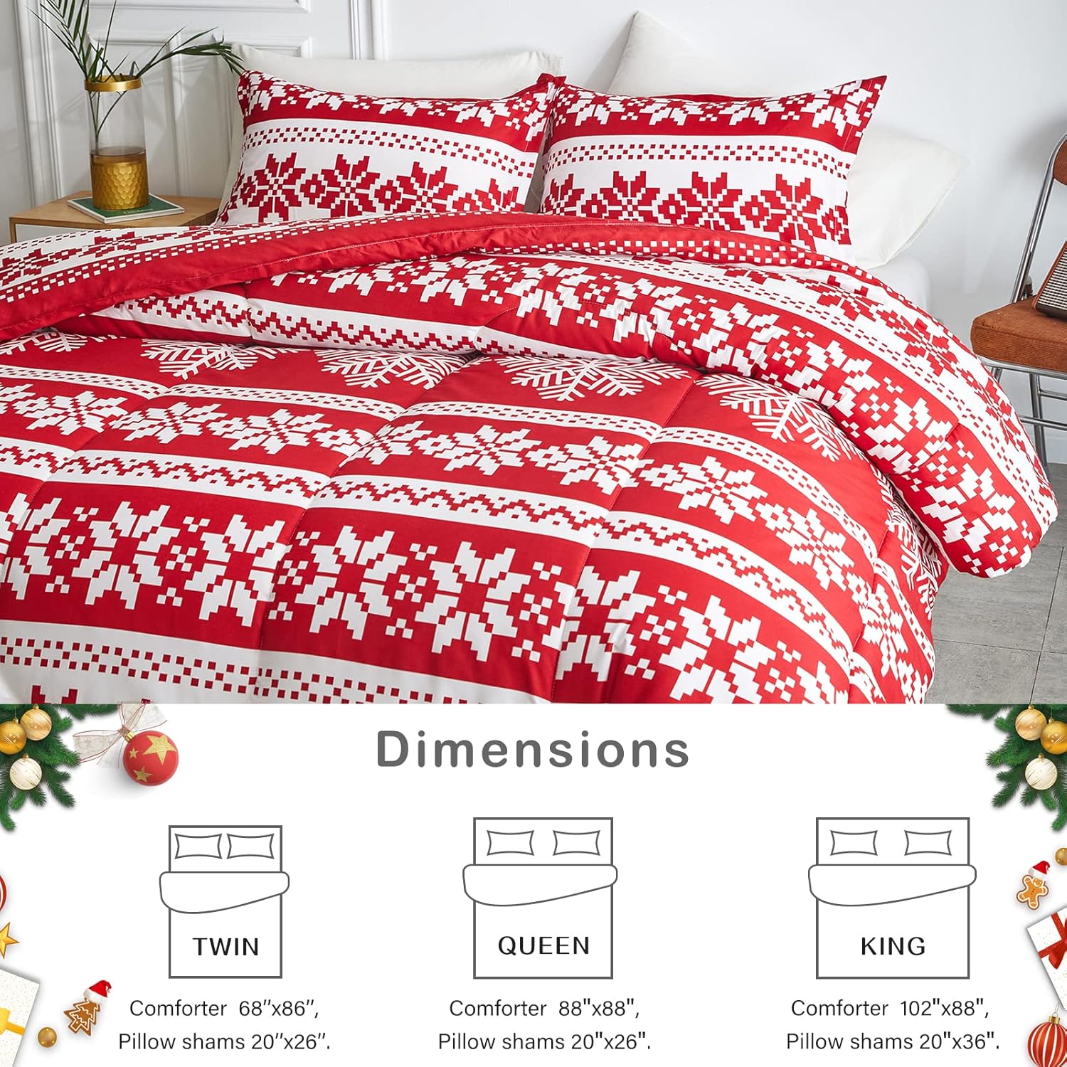 Flysheep Christmas Comforter Set 3 Pieces King Size 102x88 inches, Red and White Snowflake Reversible Design, Soft Microfiber Lightweight Bedding Sets for All Season