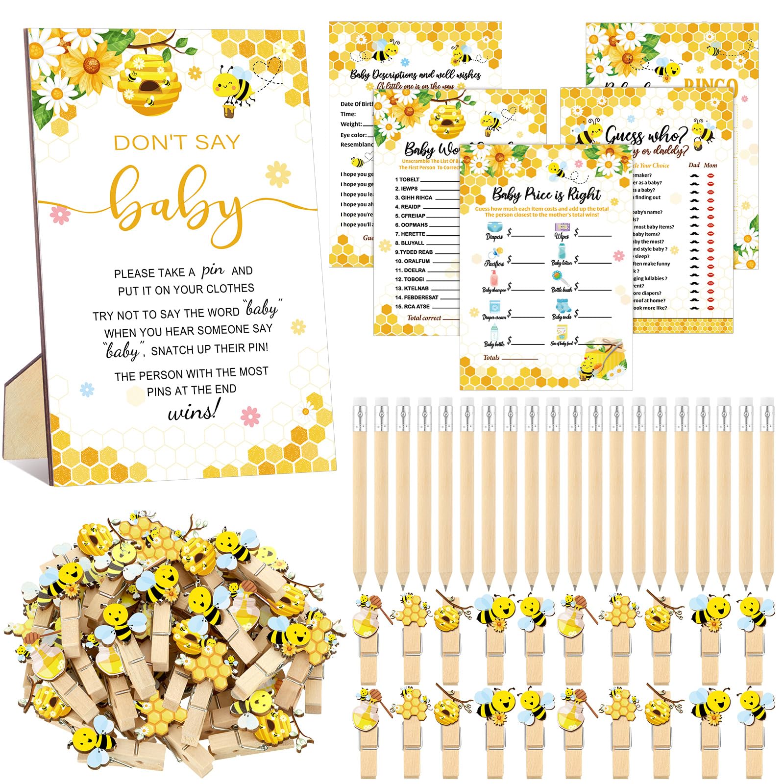 Patelai 321 Pcs Bee Themed Baby Shower Game Supplies for Girl 5 Set Include 50 Activity Cards 20 Pencils 1 Don't Say Baby Sign 50 Clothespins for Price Is Right Prediction Bingo Game Party Decor