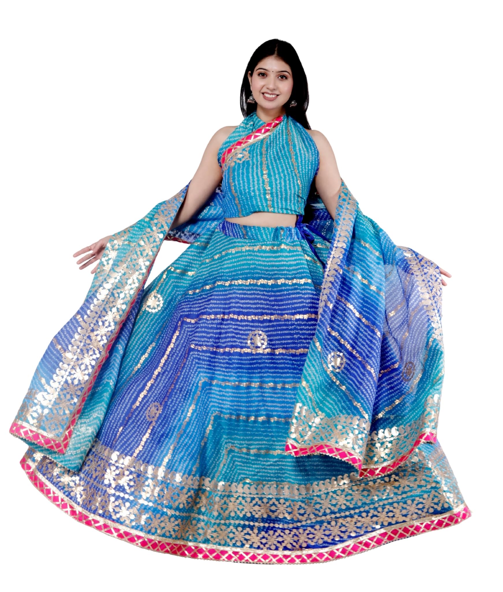 Designer Lehenga Choli Set of color Blue Ombre with Silver Sequins with Pink Border, A 3 Piece Traditional Indian Dress-image-45
