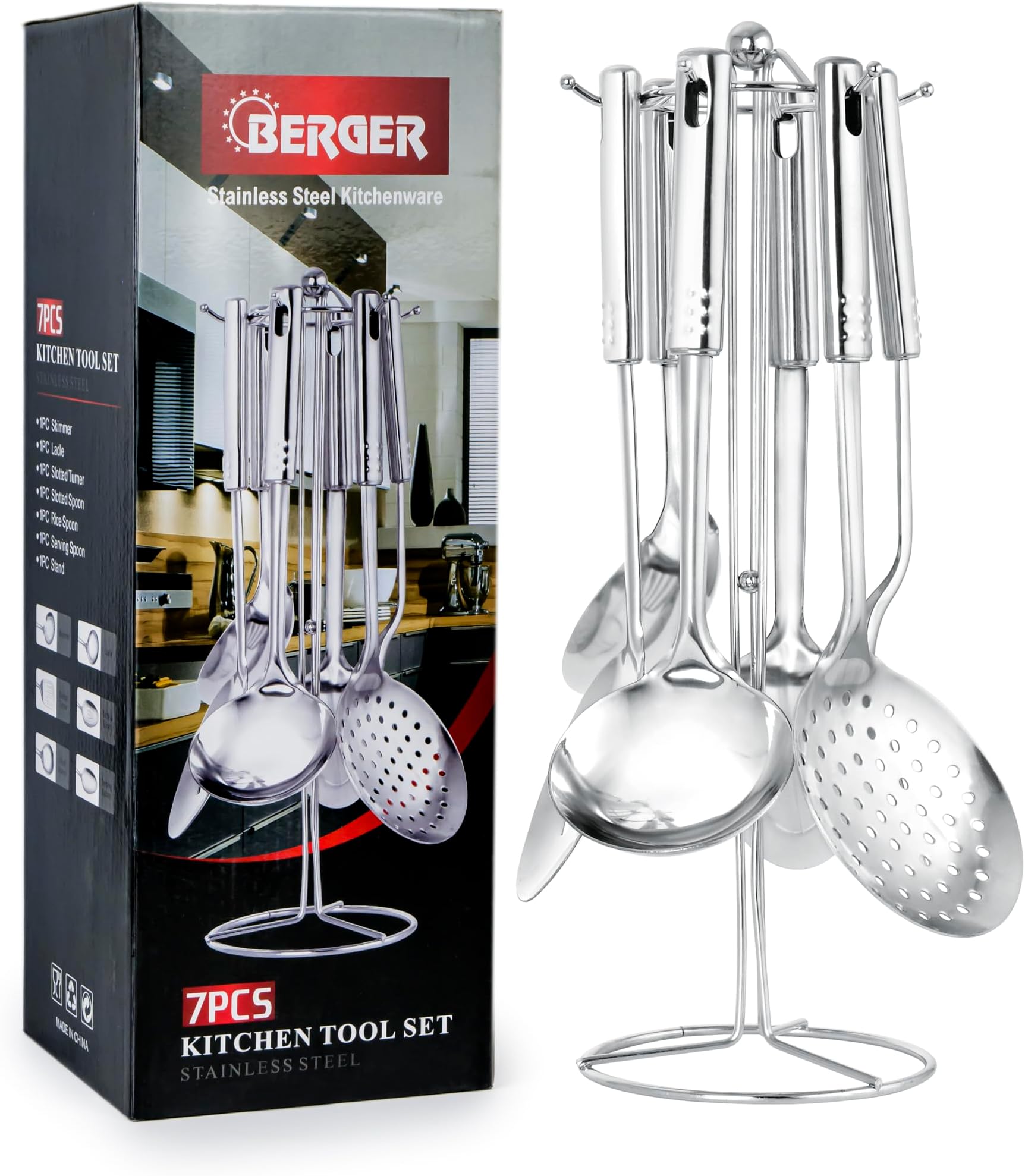 Berger Stainless Steel Kitchen Tools 7-Piece Set, Silver, Multifunctional Stainless Steel Kitchenware with Holder Stand